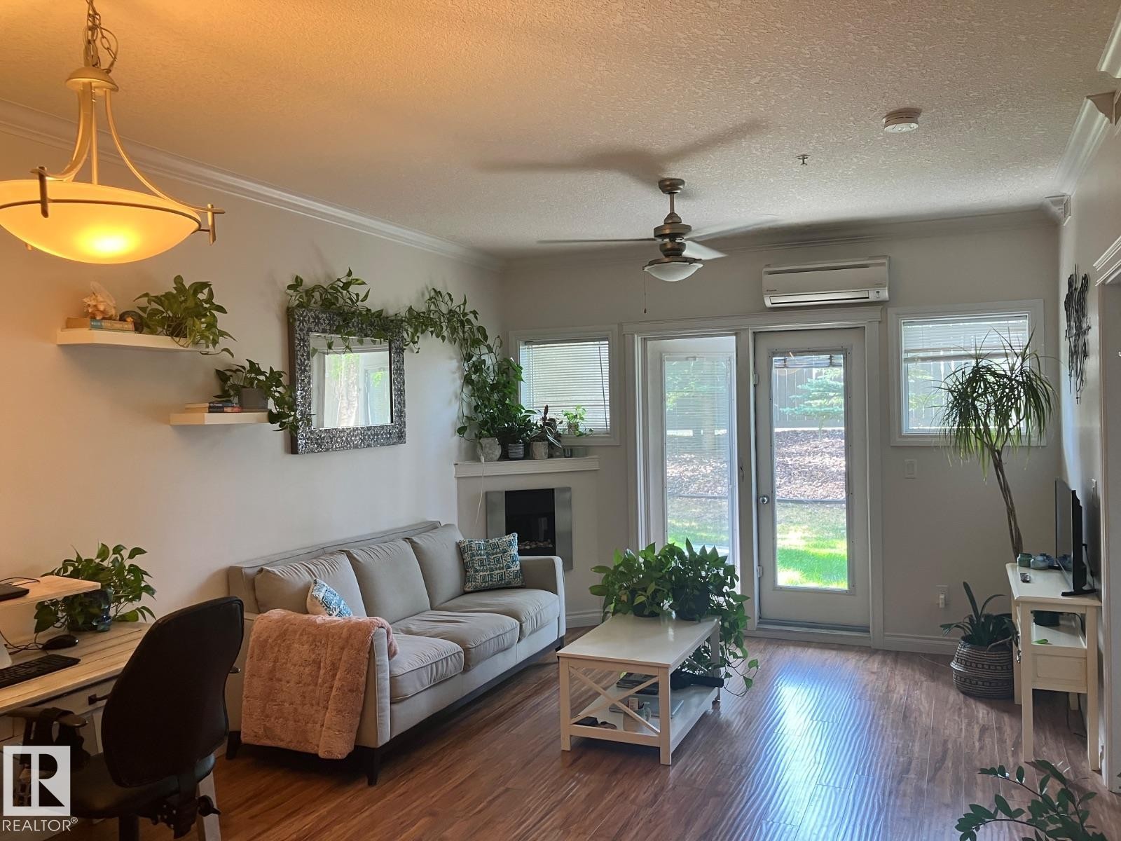 This living area features hardwood style flooring, crown molding, a ceiling fan, and an exterior door with transparent panels that allow for natural light - 145 10121 80 Avenue, Edmonton, AB - Indoor Photo Showing Living Room