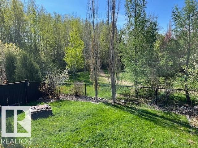Manicured lawn with a stone fire pit, bordered by a black privacy fence and a chain link fence - 21917 95A Avenue, Edmonton, AB - Outdoor With View