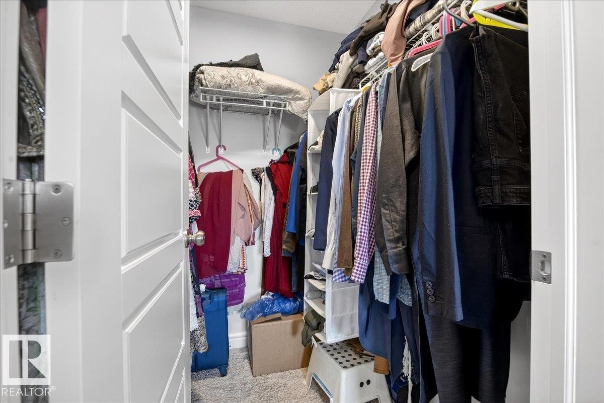 The property features a closet with white panel doors and carpeted flooring - 203 Cavanagh Common, Edmonton, AB - Indoor With Storage
