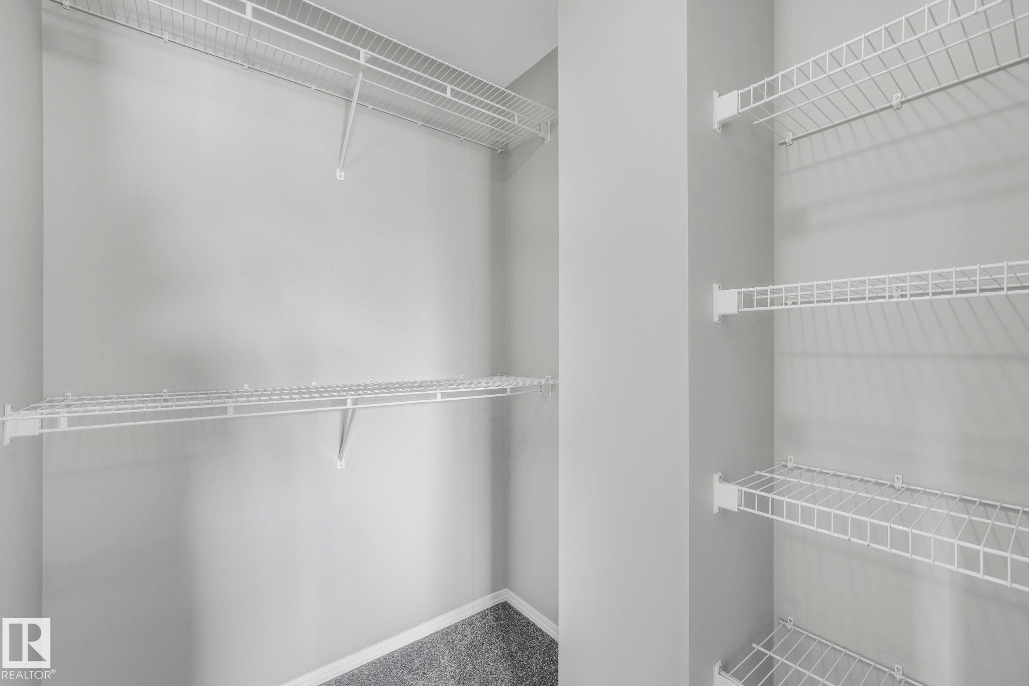 This storage area features wire shelving and a grey carpeted floor - 123 230 Edwards Drive, Edmonton, AB - Indoor With Storage