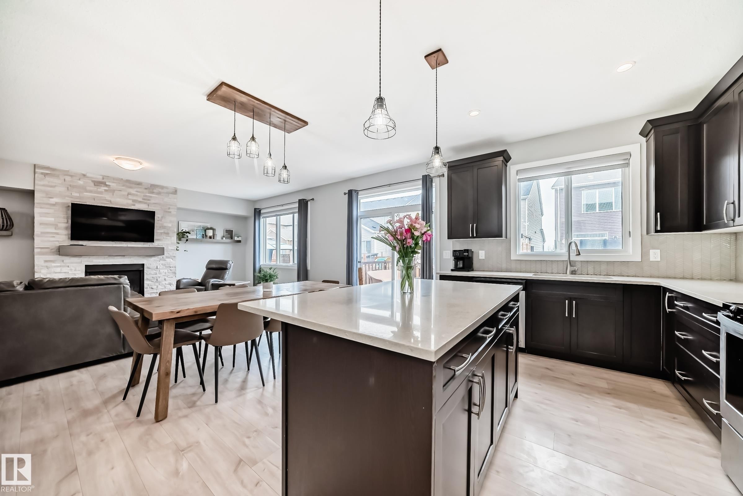 2011 201 Street, Edmonton, AB - Indoor Photo Showing Kitchen With Fireplace With Upgraded Kitchen