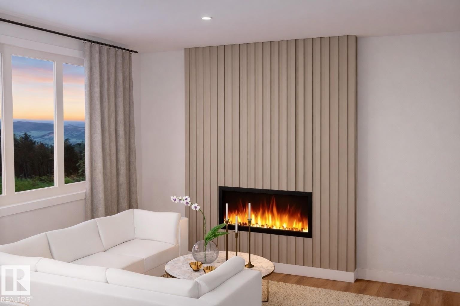 Living area with a contemporary fireplace and a large window offering expansive views - 16 Grayson Green, Stony Plain, AB - Indoor Photo Showing Living Room With Fireplace