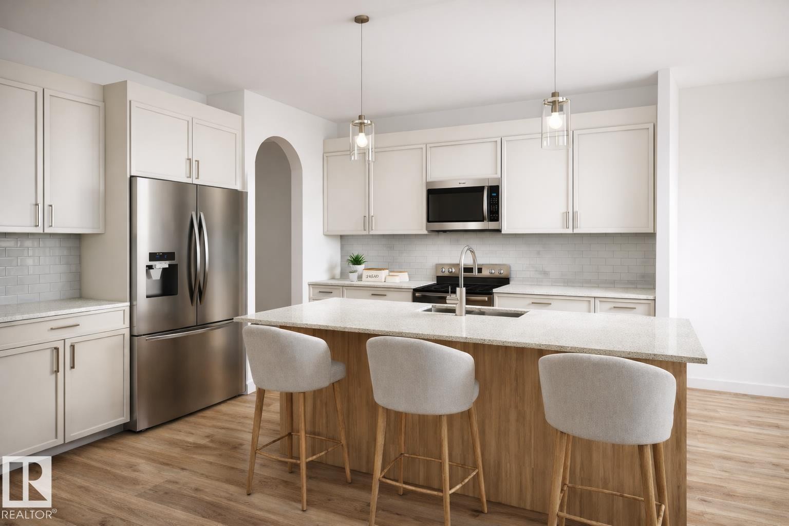 The kitchen features stainless steel appliances, including a microwave, refrigerator, and range - 12 Grayson Green, Stony Plain, AB - Indoor Photo Showing Kitchen With Upgraded Kitchen