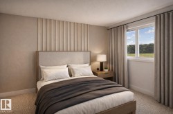 Bedroom featuring a paneled accent wall, a window with curtains, and carpeting -