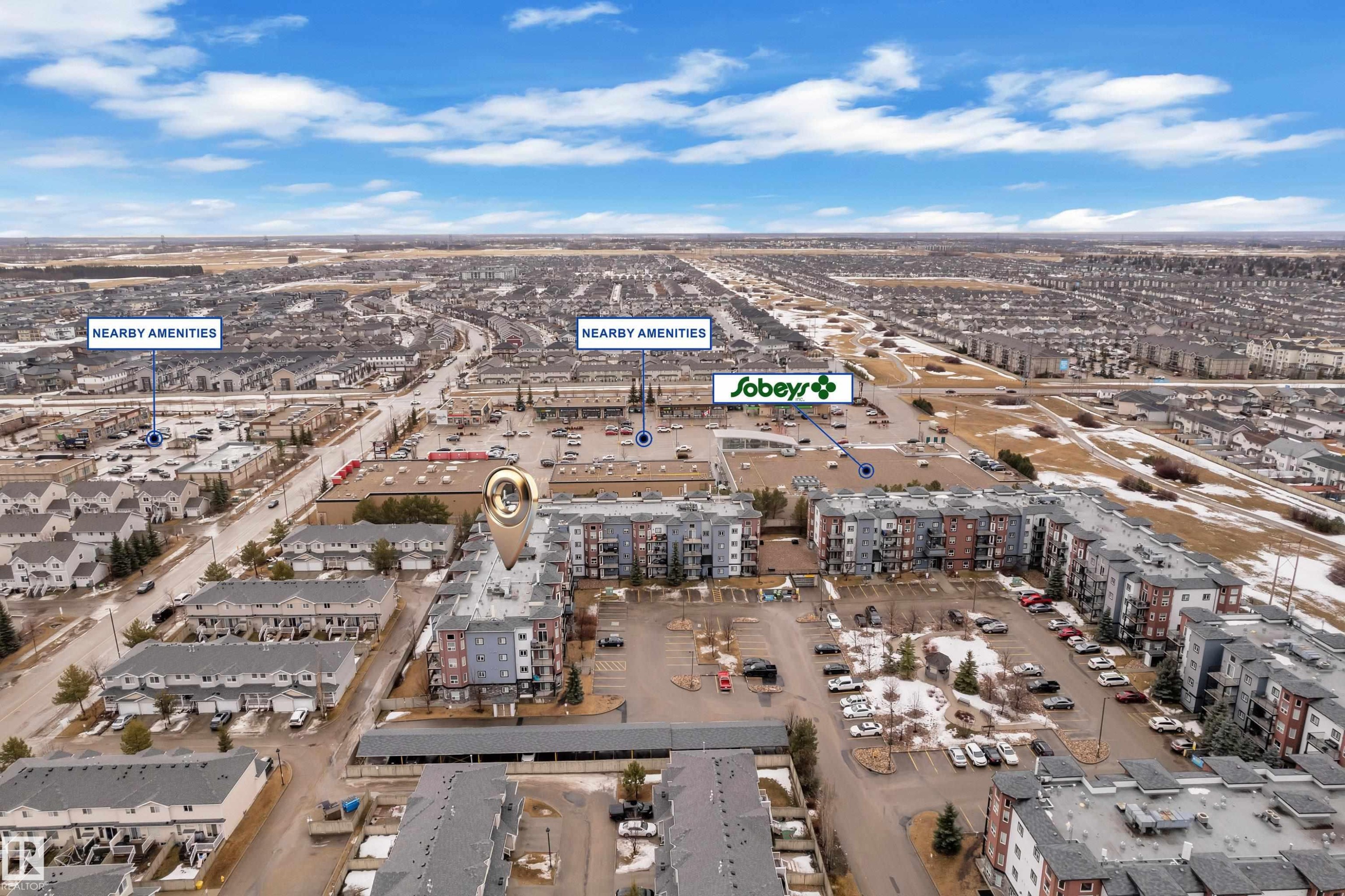 An aerial view showcases the property's location within a developed neighborhood, featuring residential buildings and a commercial area with a Sobeys store visible - 320 392 Silver Berry Road, Edmonton, AB - Outdoor With View