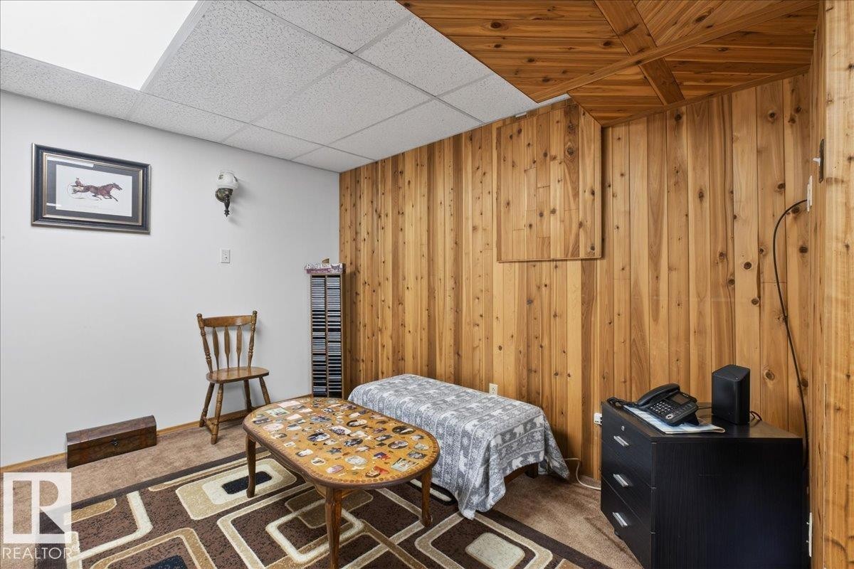 This room features wood paneling on one wall, a textured ceiling, and carpeted flooring - 2 Mcleod Place, Edmonton, AB - Indoor