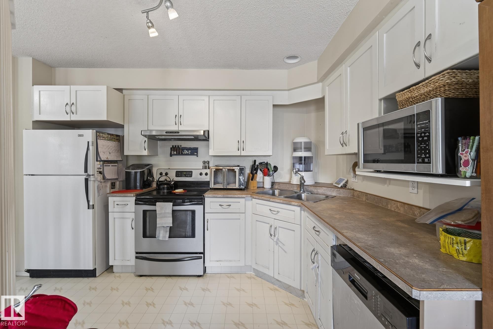 The kitchen features white cabinetry, a double basin sink, and a range with a stainless steel finish - 2006 Mill Woods Road E, Edmonton, AB - Indoor Photo Showing Kitchen With Double Sink