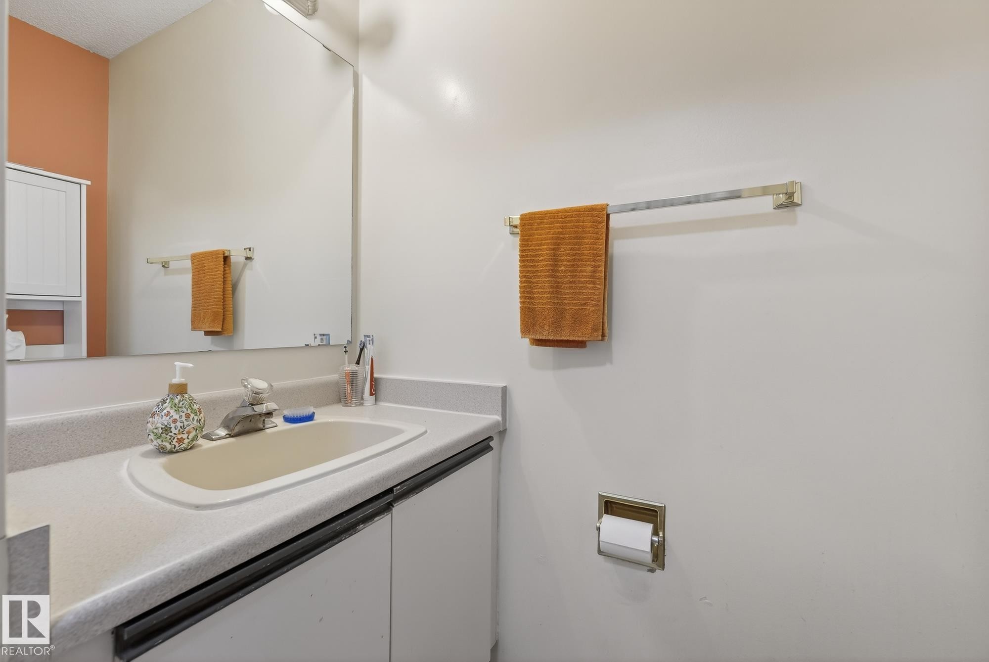 Bathroom vanity with an integrated sink and base cabinetry, complemented by a large mirror and a neutral wall color - 2006 Mill Woods Road E, Edmonton, AB - Indoor Photo Showing Bathroom