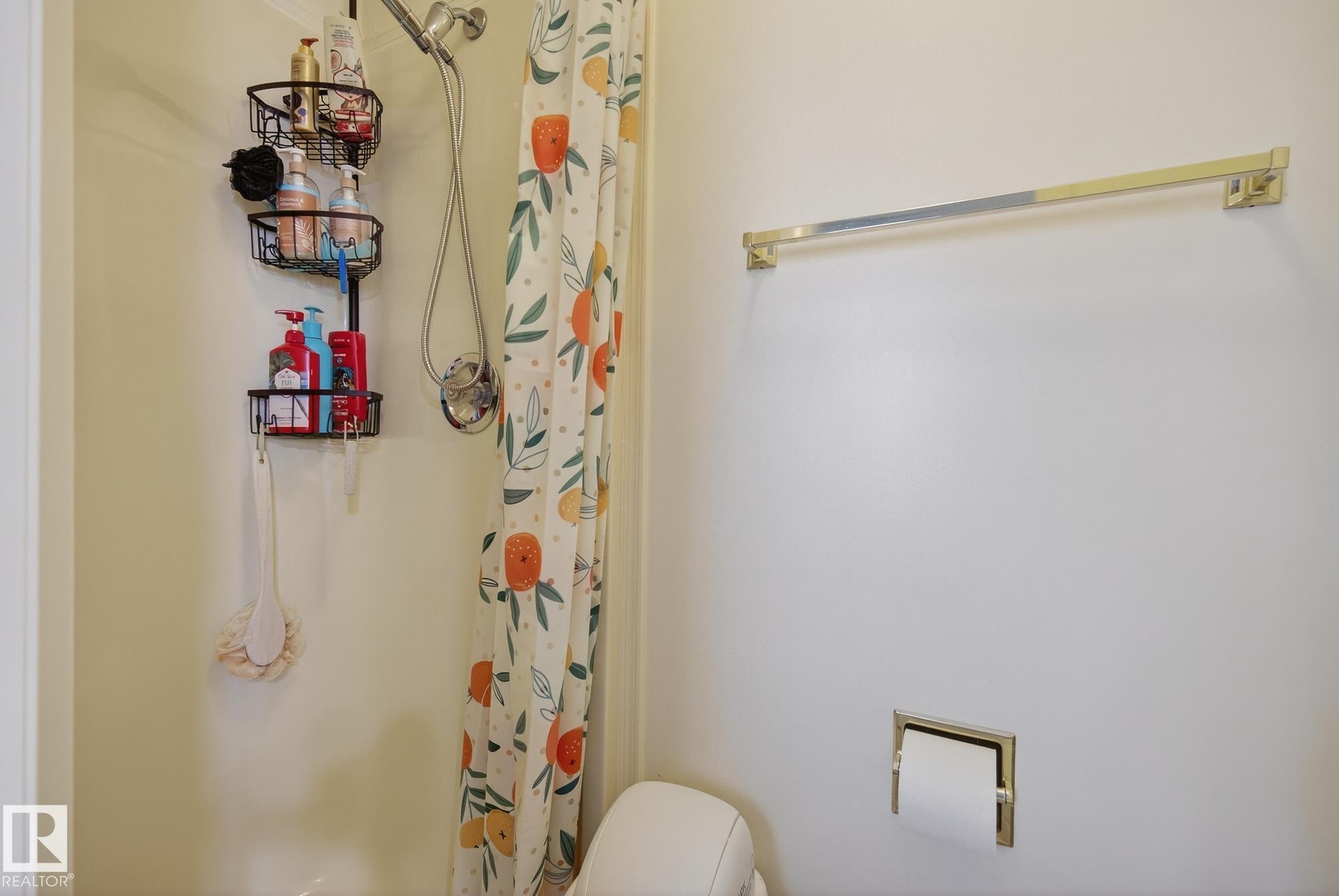 The bathroom features a shower with an adjustable showerhead and a gold-toned towel bar - 2006 Mill Woods Road E, Edmonton, AB - Indoor Photo Showing Bathroom