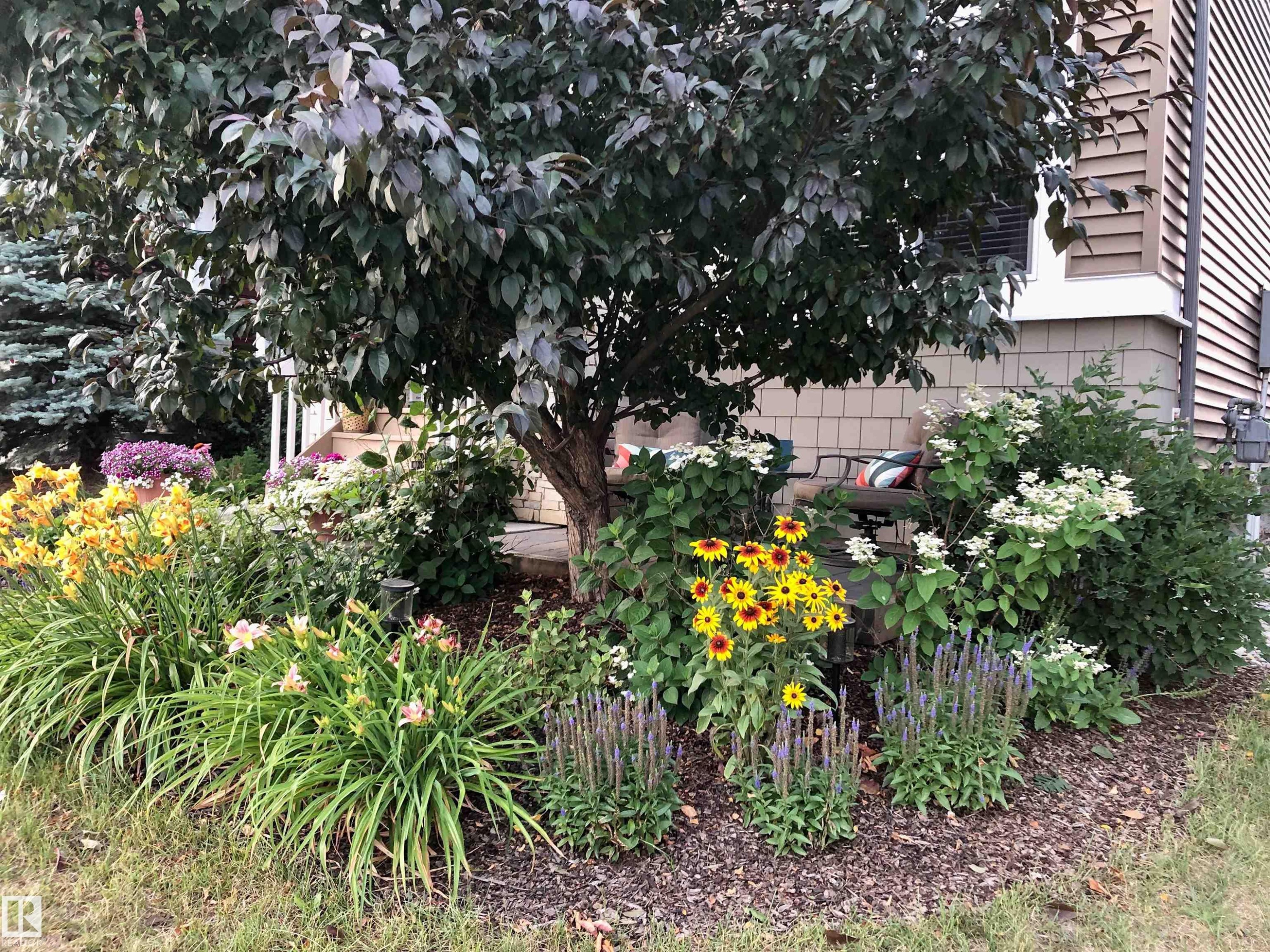 The property features extensive landscaping, including mature trees and a variety of flowering plants - 9084 Rosenthal Link, Edmonton, AB - Outdoor