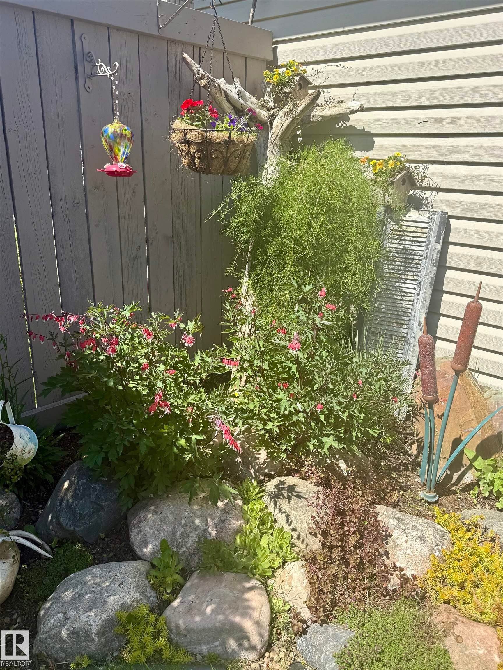 The property features a charming garden area with various plants, including flowering shrubs and ground cover - 2914 18A Avenue, Edmonton, AB - Outdoor