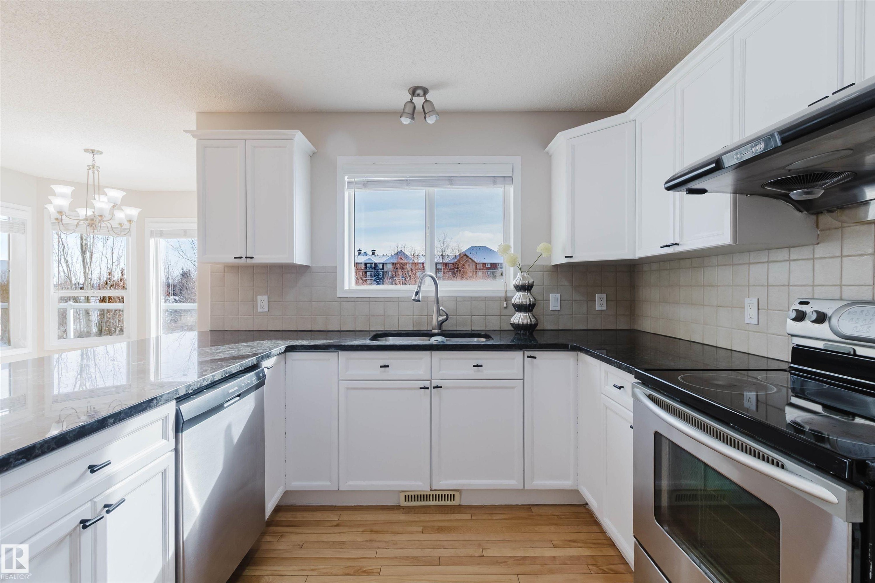 The kitchen features white cabinetry, dark countertops, and stainless steel appliances - 1135 112 Street, Edmonton, AB - Indoor Photo Showing Kitchen With Double Sink