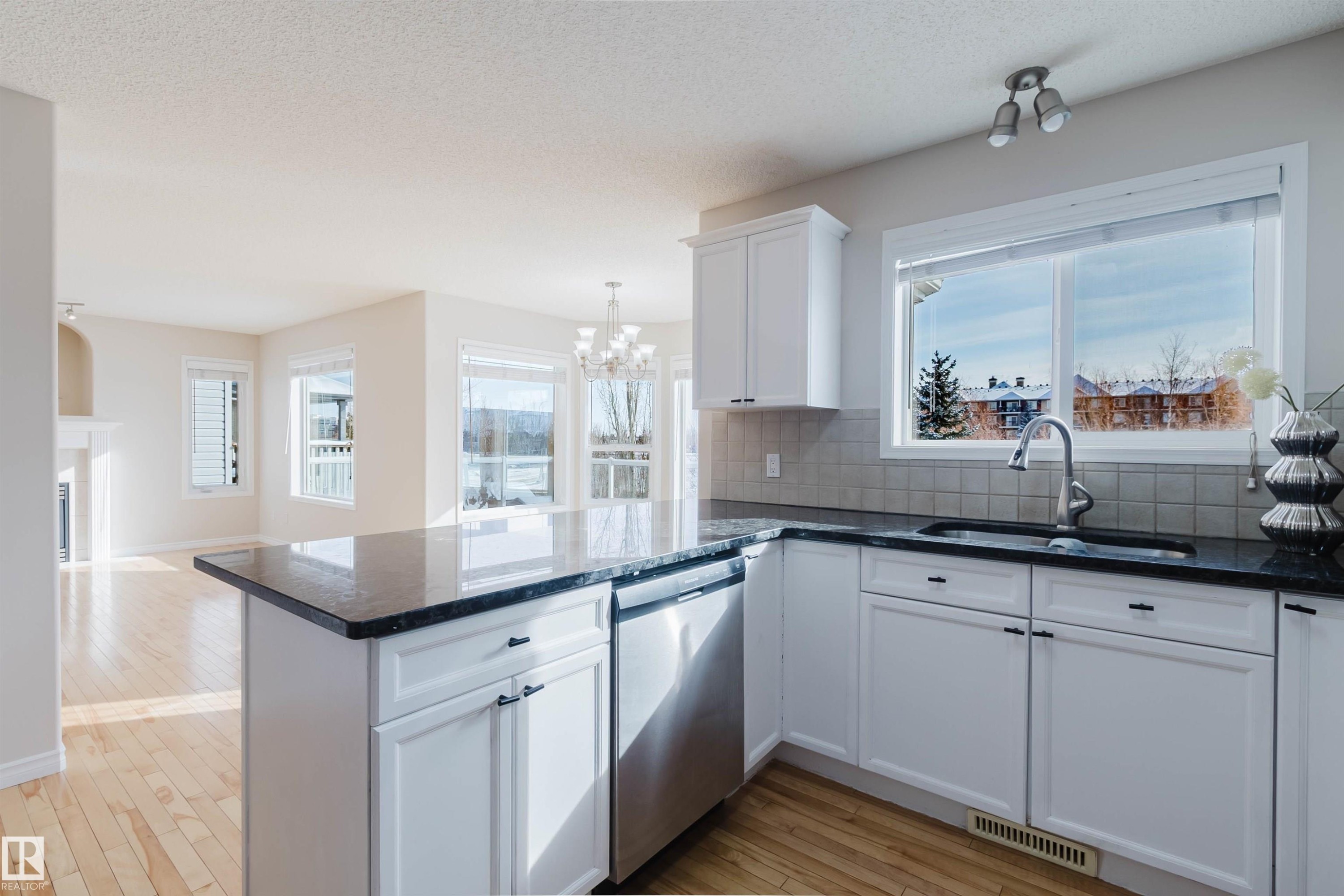 The kitchen features white cabinetry, dark countertops, and a stainless steel dishwasher - 1135 112 Street, Edmonton, AB - Indoor Photo Showing Kitchen With Double Sink