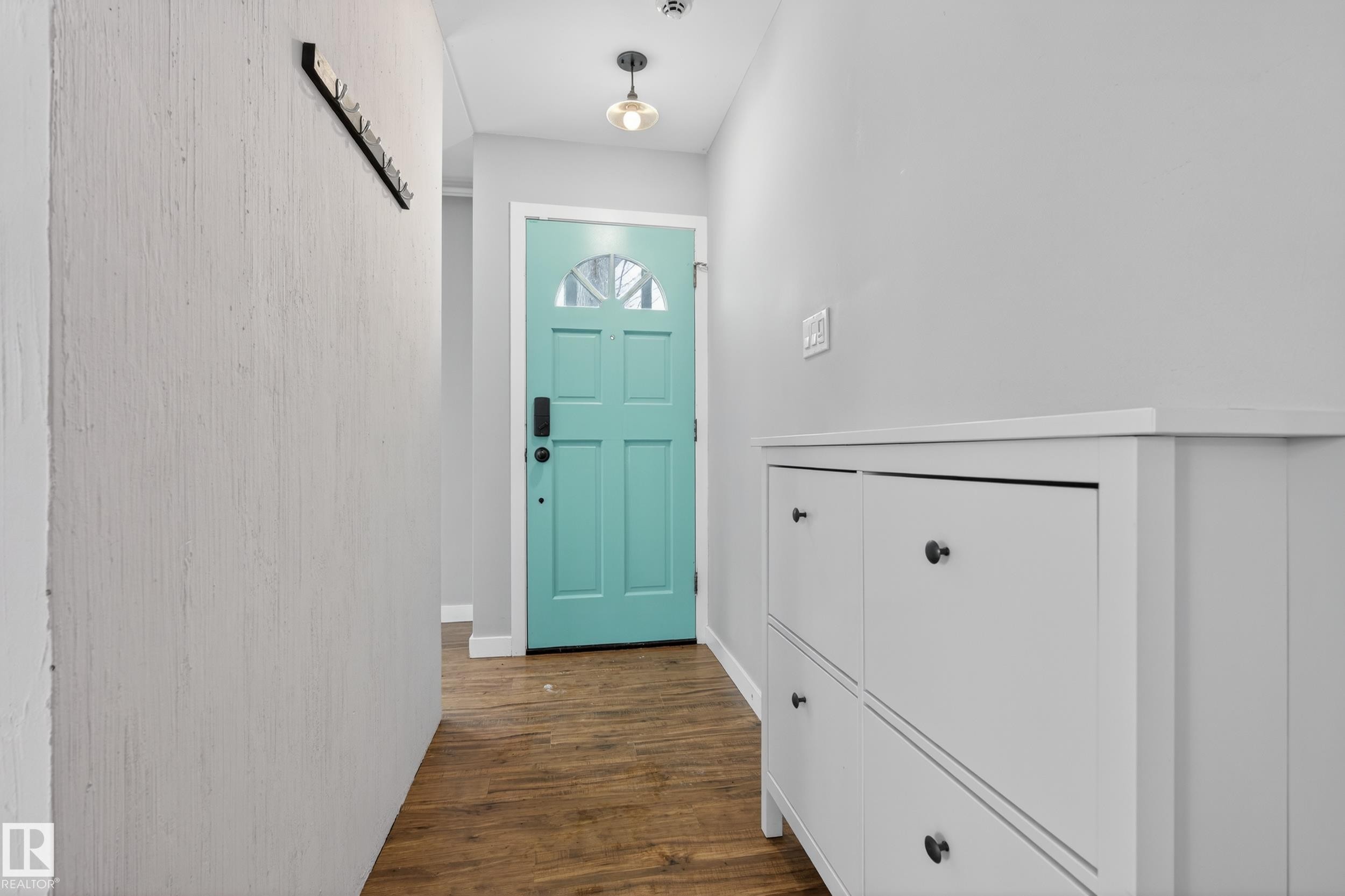 Entryway featuring a brightly colored door with frosted glass panes, wood-look flooring, and a contemporary ceiling light fixture - 3613 113 Avenue, Edmonton, AB - Indoor Photo Showing Other Room