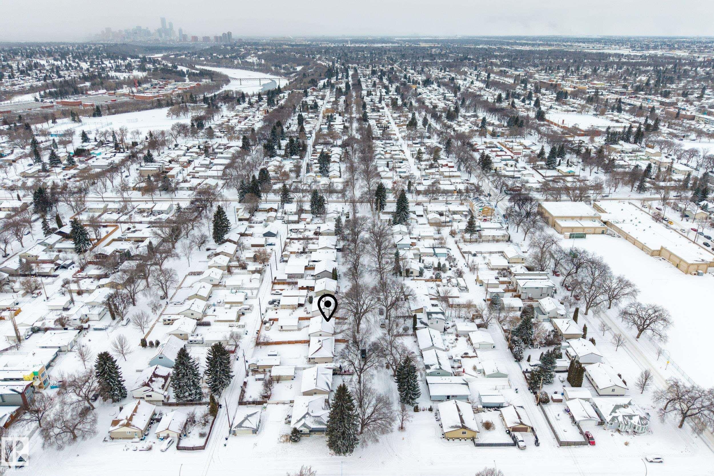 Aerial view of the neighbourhood, featuring residential properties with snow-covered roofs and mature trees - 3613 113 Avenue, Edmonton, AB - Outdoor With View