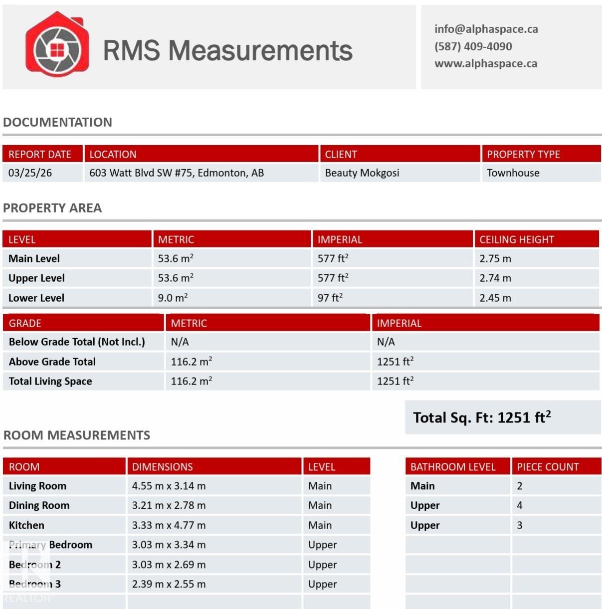 RMS Measurements Document. Outlining property dimensions and area calculations - 75 603 Watt Boulevard, Edmonton, AB - Other