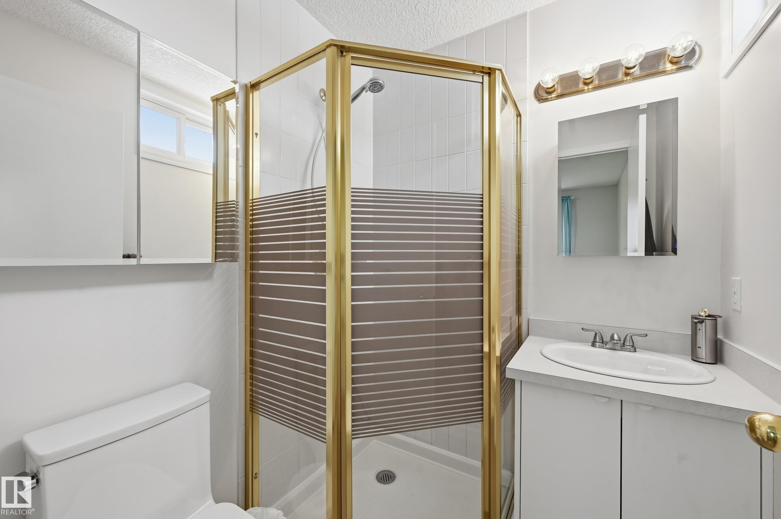 Bathroom featuring a corner shower with a gold-toned frame, a white vanity with an integrated sink, and a mirrored medicine cabinet - 85 Arlington Drive, St. Albert, AB - Indoor Photo Showing Bathroom