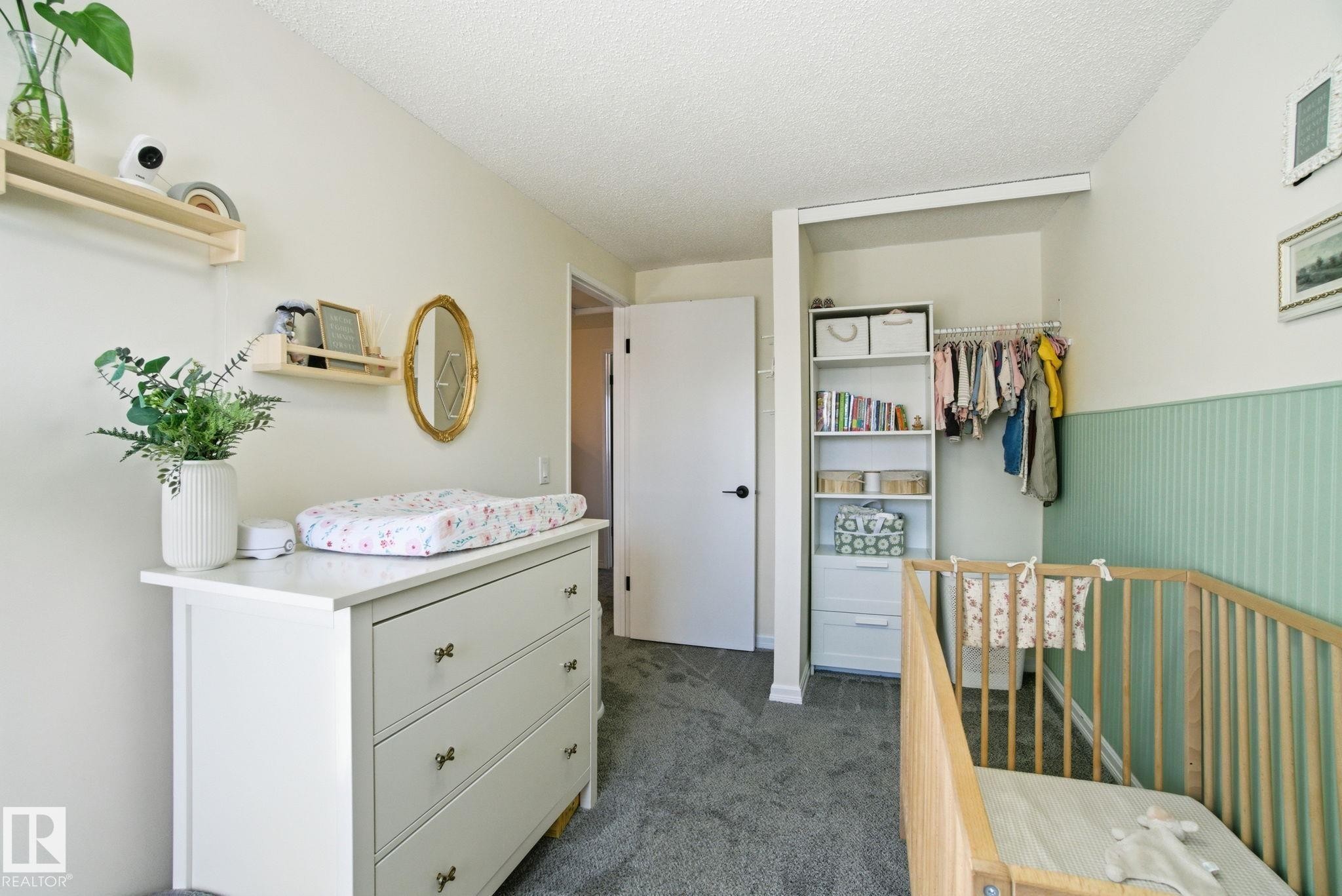 This room features light-colored walls, grey carpeting, and a closet with shelving and hanging space - 29 9619 180 Street, Edmonton, AB - Indoor