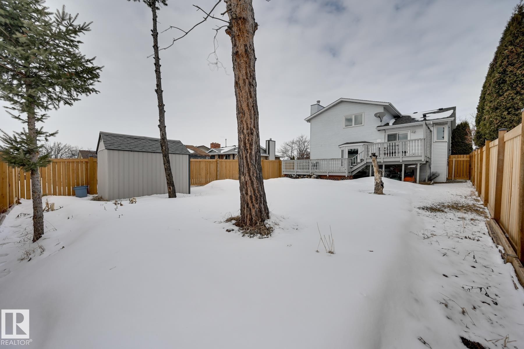 The property features an expansive backyard with a shed, mature trees, and a wooden fence - 8507 152B Avenue, Edmonton, AB - Outdoor