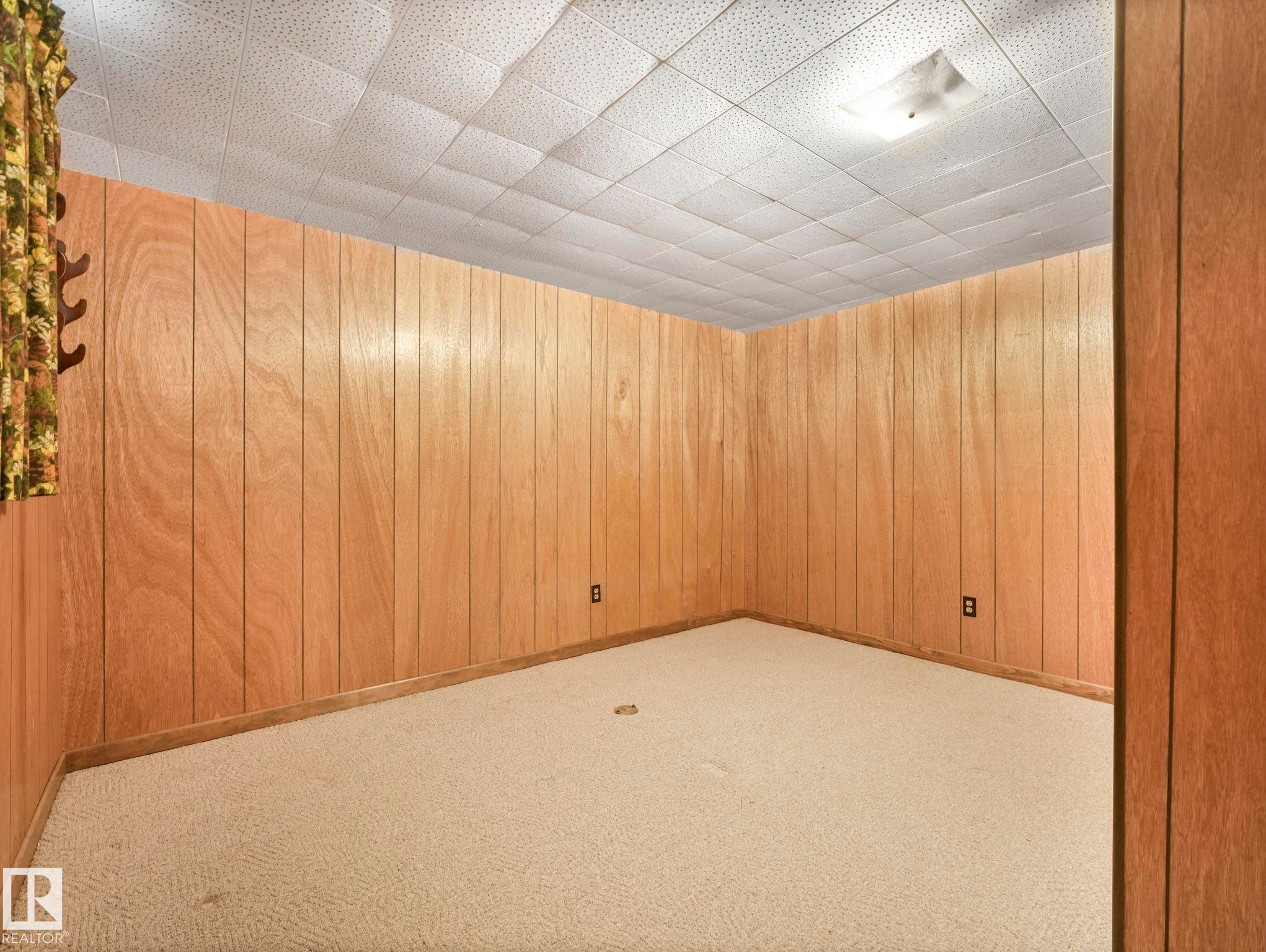 Room featuring wood paneling, light-colored carpeting, and a ceiling light fixture - 5904 84 Avenue, Edmonton, AB - Indoor Photo Showing Other Room