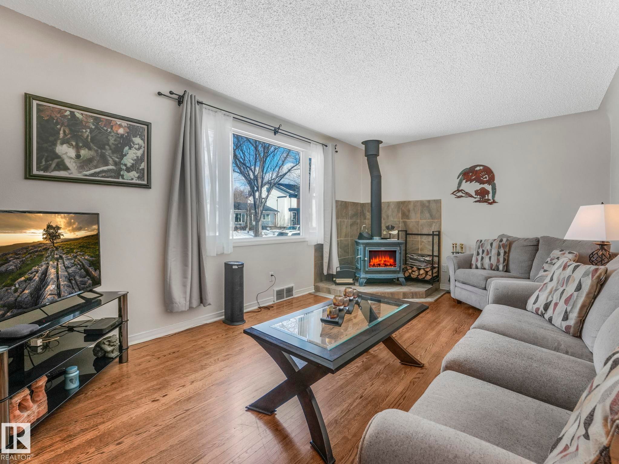 7653 91 Avenue, Edmonton, AB - Indoor Photo Showing Living Room With Fireplace