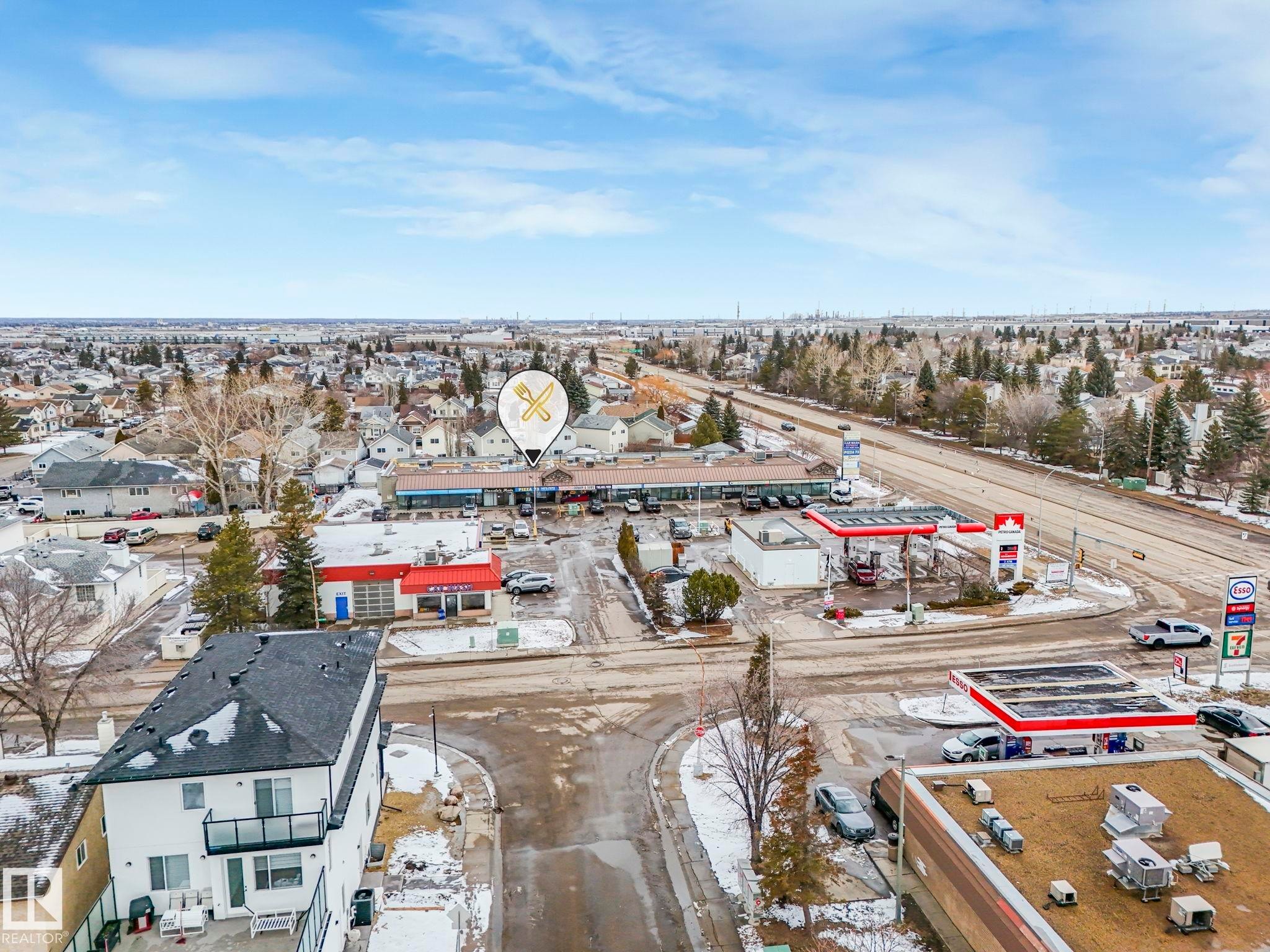 Aerial perspective of the property, showcasing its location within a commercial and residential area - 4105 41 Avenue, Edmonton, AB - Outdoor With View