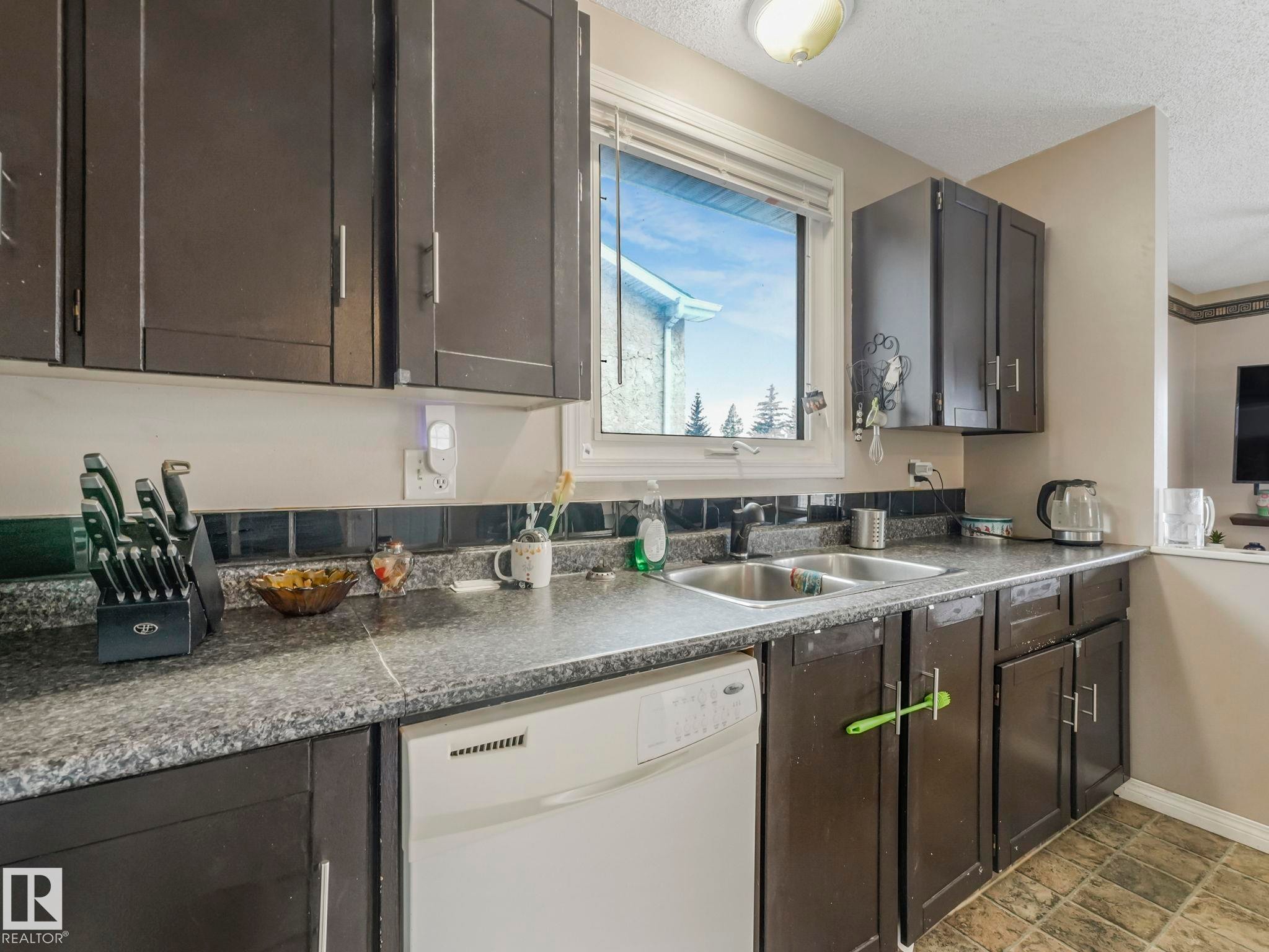 The kitchen features dark cabinetry, a double basin sink, and an integrated dishwasher - 4105 41 Avenue, Edmonton, AB - Indoor Photo Showing Kitchen With Double Sink