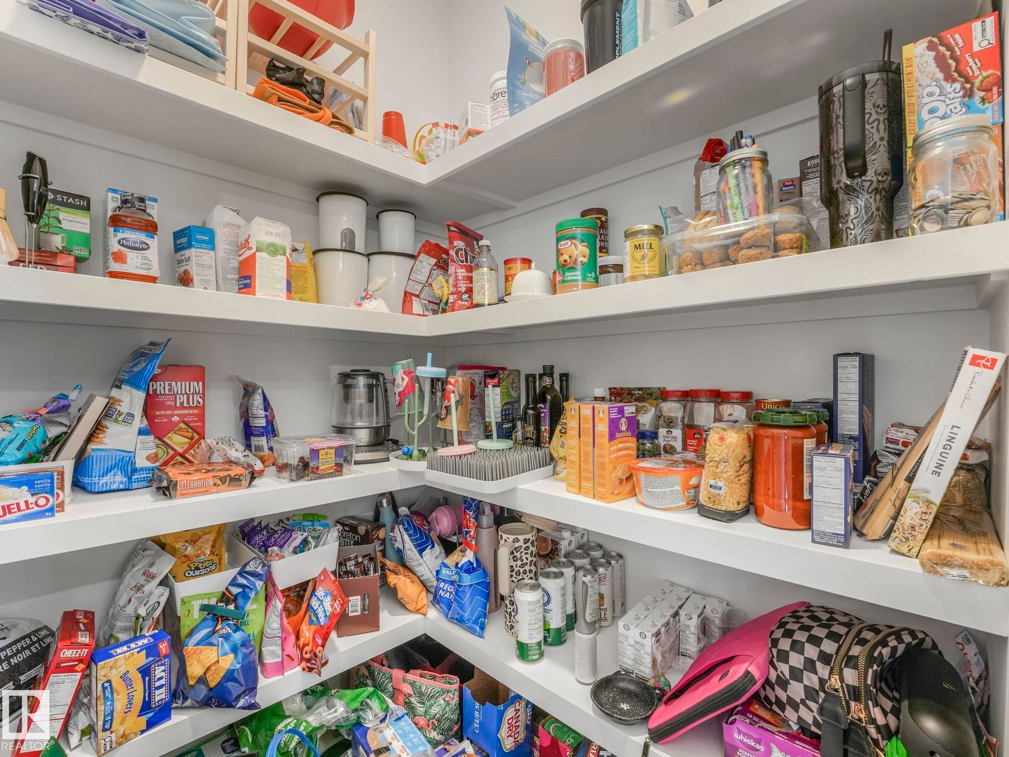 The property features a spacious pantry with extensive built-in shelving, providing ample storage solutions - 95 1010 Rabbit Hill Road, Edmonton, AB - Indoor With Storage