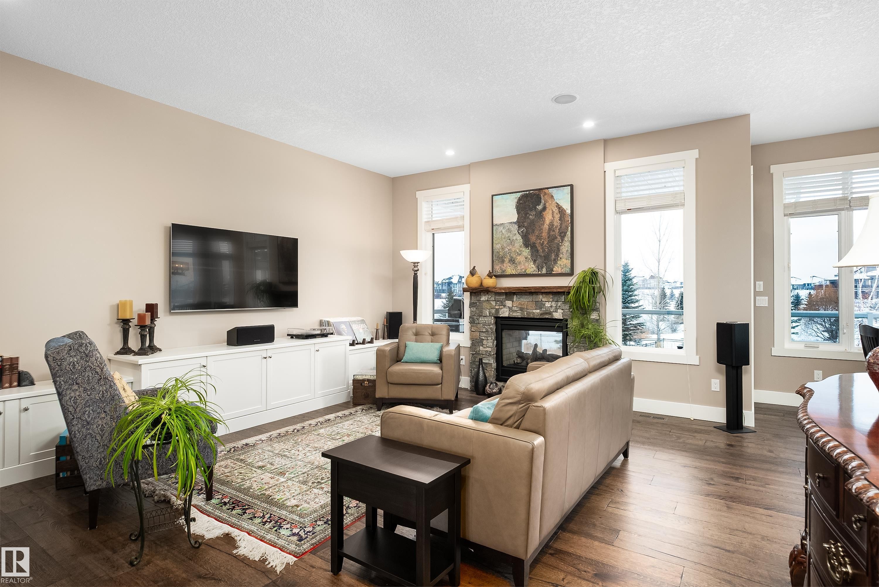 1079 Genesis Lake Boulevard, Stony Plain, AB - Indoor Photo Showing Living Room With Fireplace