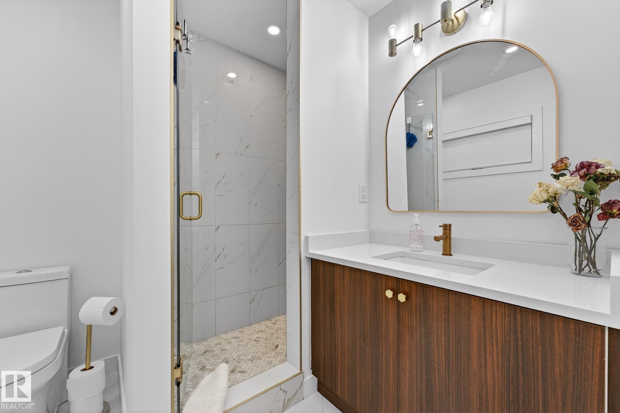 Full bathroom featuring vanity, a marble finish shower, and recessed lighting - 8604 142 Street, Edmonton, AB - Indoor Photo Showing Bathroom