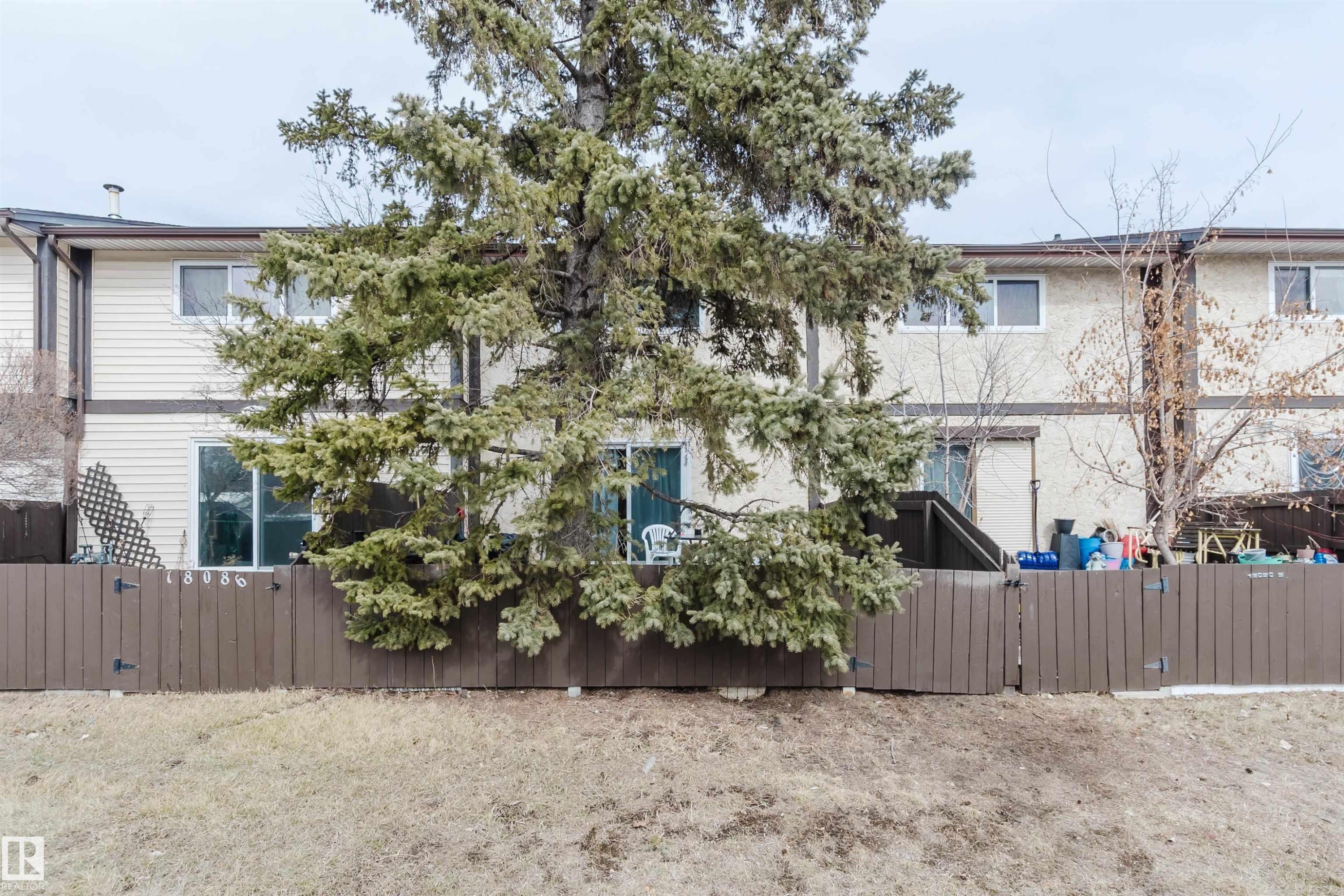Exterior view of the property featuring a private fenced yard and a mature evergreen tree - 18088 93 Avenue Nw, Edmonton, AB - Outdoor