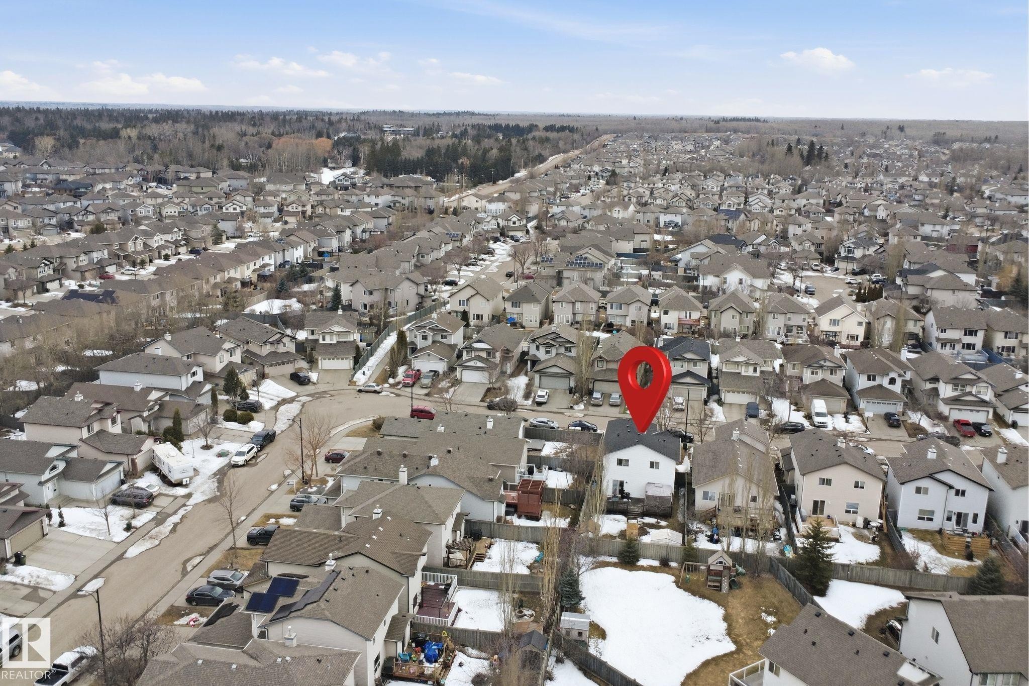 This property is situated within a well-established residential area, characterized by numerous houses with pitched roofs and a mix of paved roads and natural surroundings - 4619 202 Street, Edmonton, AB - Outdoor With View