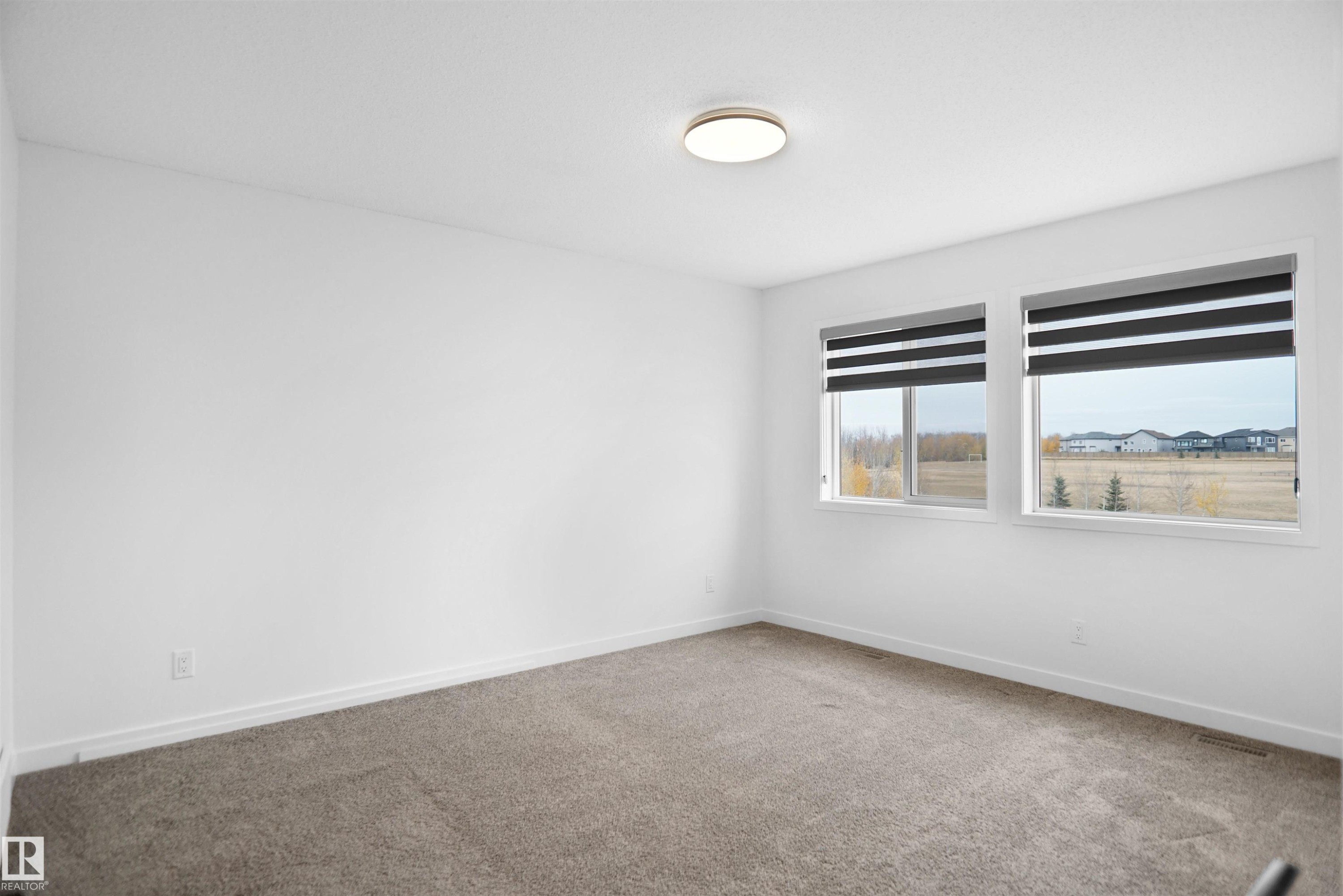 This room features light-colored walls, carpeted flooring, and two windows with blinds - Edmonton, AB - Indoor Photo Showing Other Room