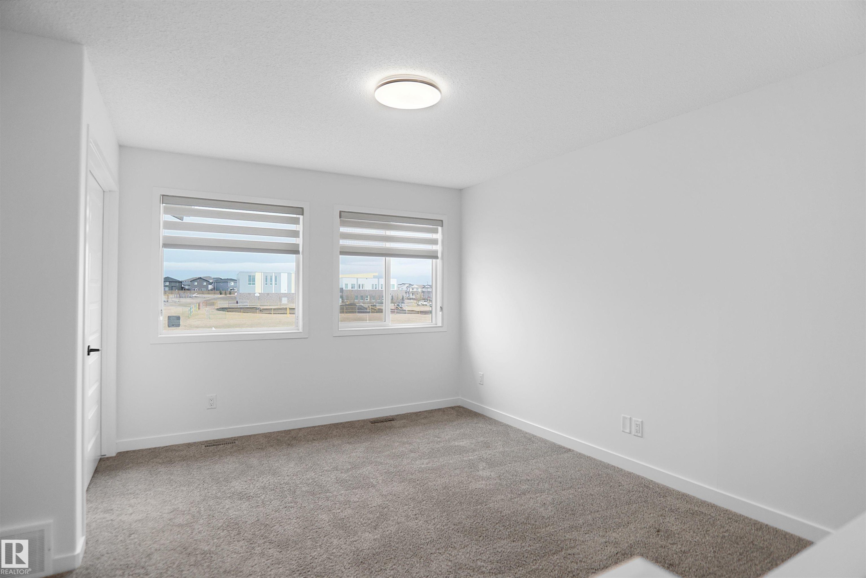 This bright room features two windows with blinds, a neutral-toned carpet, and a ceiling-mounted light fixture - Edmonton, AB - Indoor Photo Showing Other Room