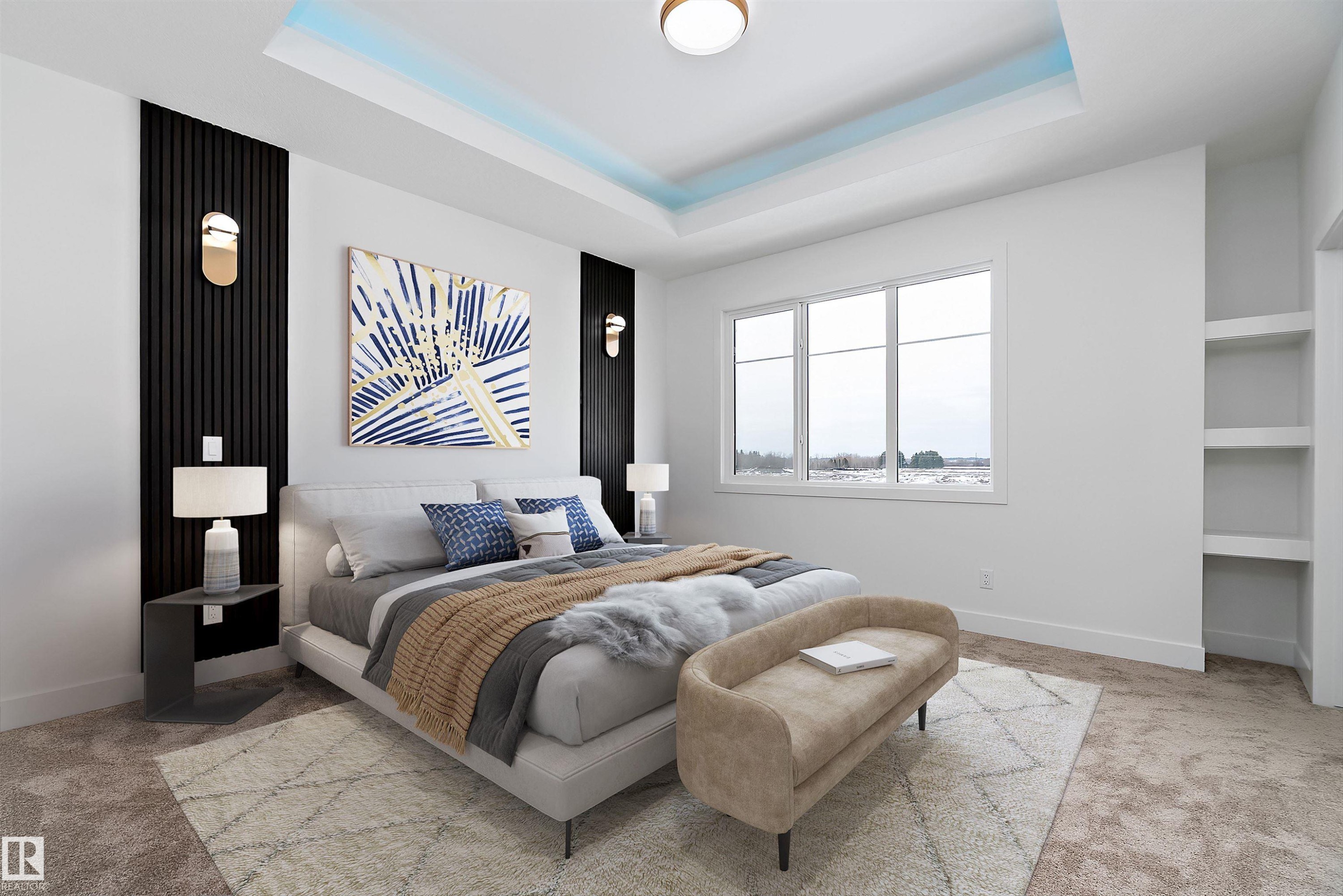 This bedroom features a large window, recessed ceiling lighting, and built-in shelving - 219 Crystal Creek Dr, Leduc, AB - Indoor Photo Showing Bedroom