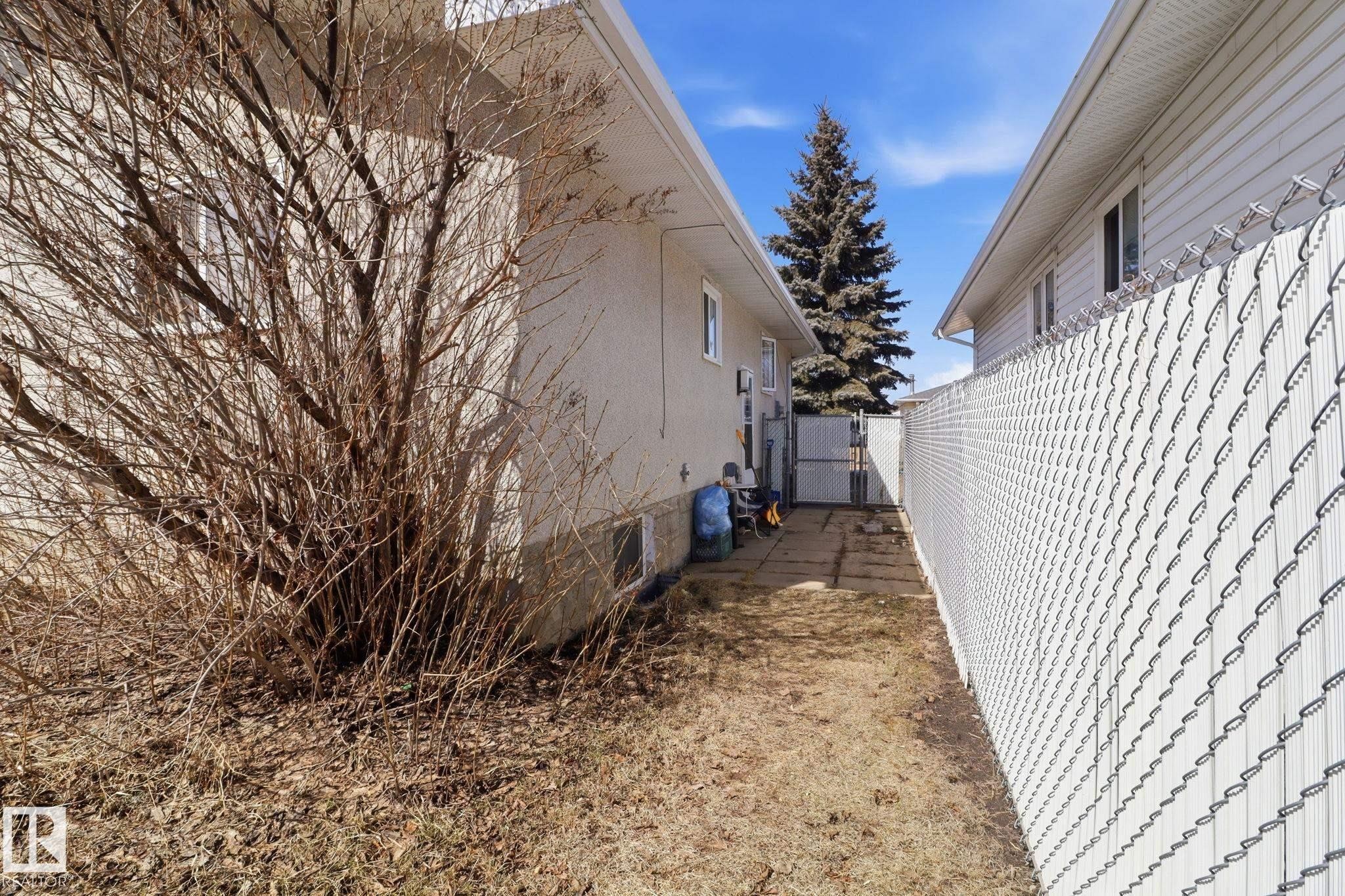 The property features a private side yard with a paved walkway, surrounded by a chain-link fence with privacy slats - 4129 134A Avenue Nw, Edmonton, AB - Outdoor