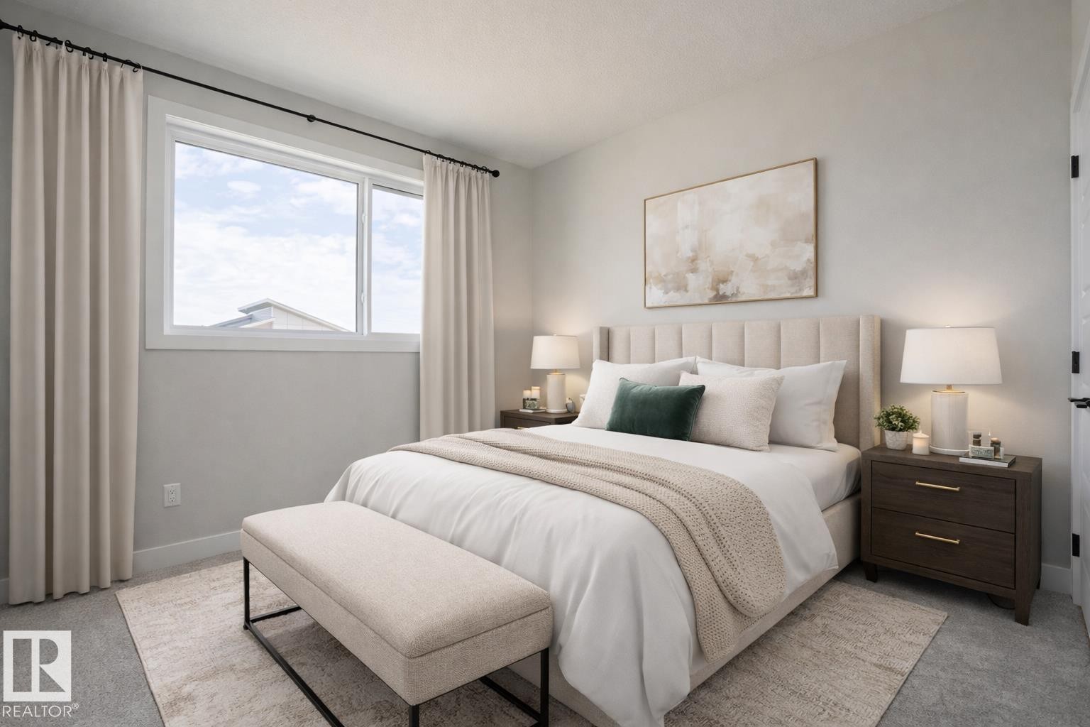 This room features a window with drapes, light-colored walls, and carpeting - Rural Leduc County, AB - Indoor Photo Showing Bedroom