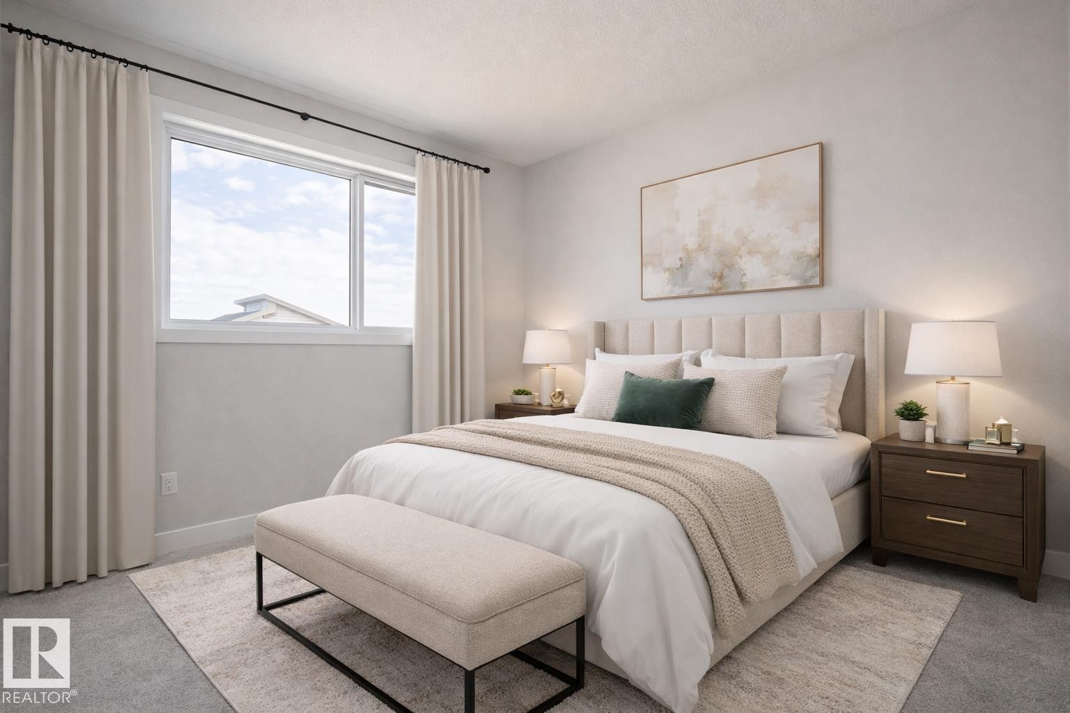 This room features a window with curtains, a bed with a fabric headboard, and a rug on carpeted flooring - Rural Leduc County, AB - Indoor Photo Showing Bedroom