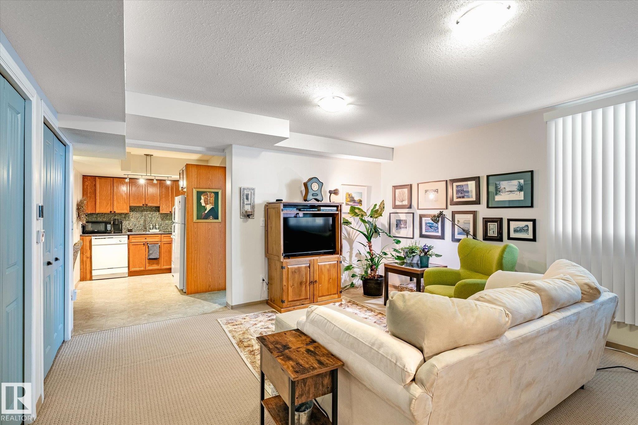 Living area featuring carpet flooring, a vertical blind window covering, and a partial view of the kitchen with wooden cabinetry - 5 4902B 43 Street, Legal, AB