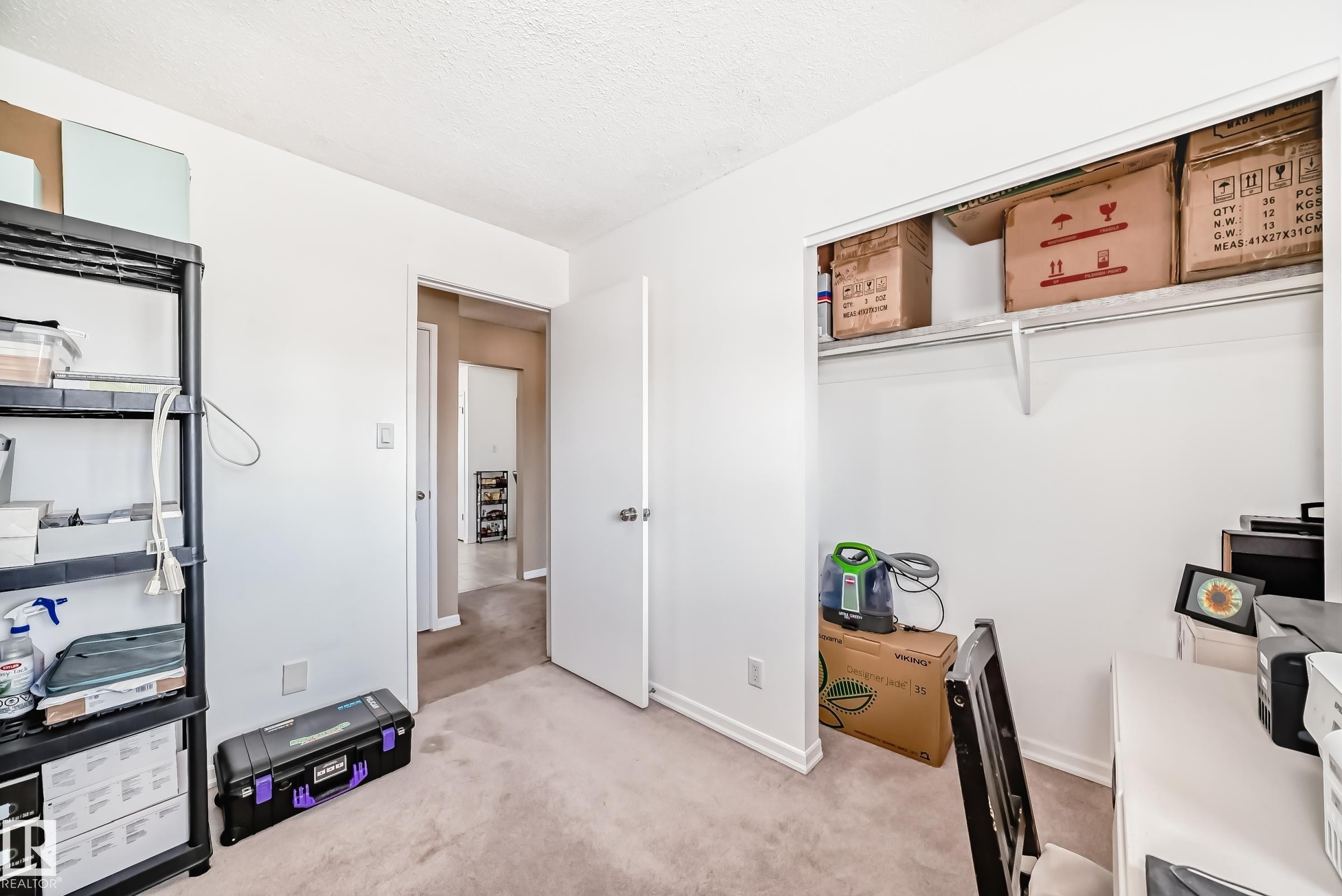 This room features light-colored walls, carpeted floors, and a white door with a silver handle - 11323 162 Avenue, Edmonton, AB - Indoor