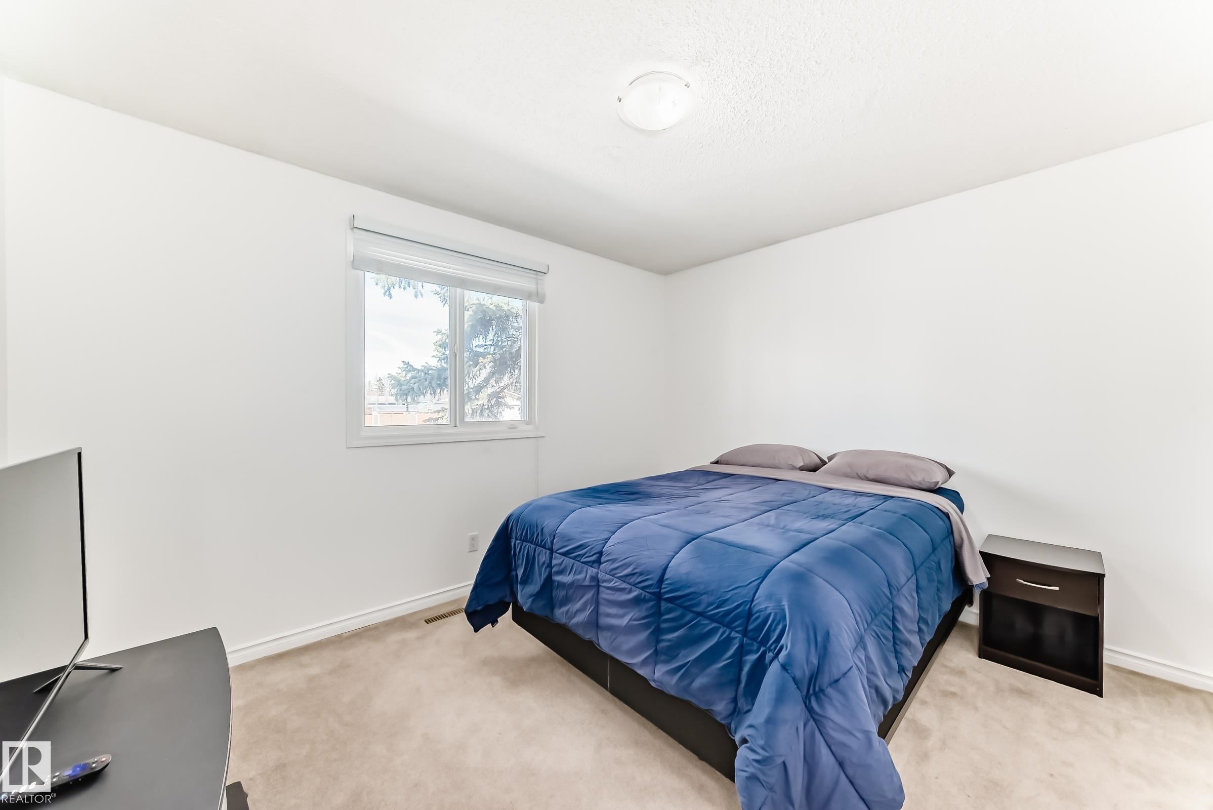 The property features a bright room with white walls, carpeted flooring, and a window with a roller blind - 11323 162 Avenue, Edmonton, AB - Indoor Photo Showing Bedroom