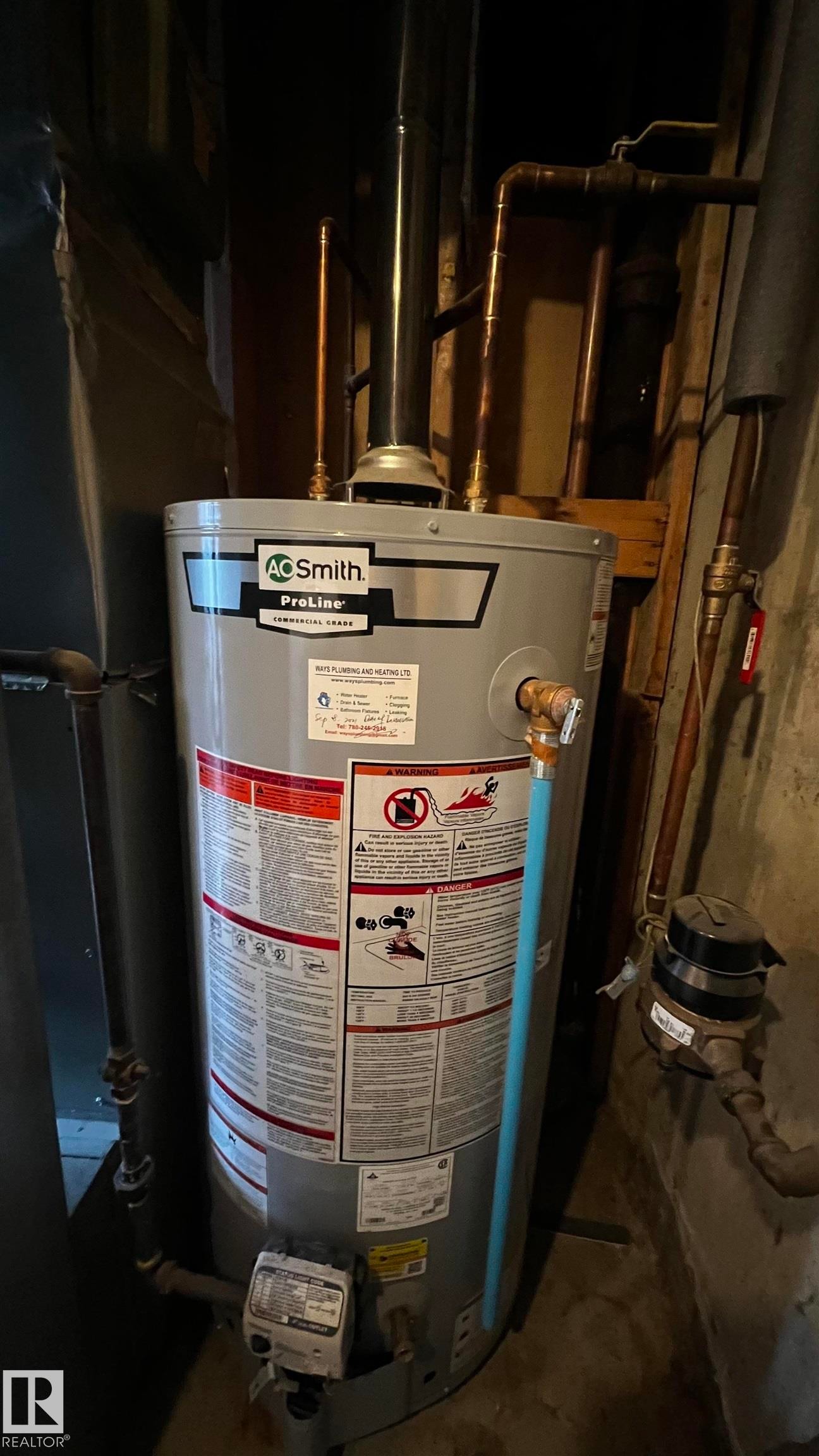 Hot water heater with visible piping and gauges - 3323 107 Avenue Nw, Edmonton, AB - Indoor Photo Showing Basement