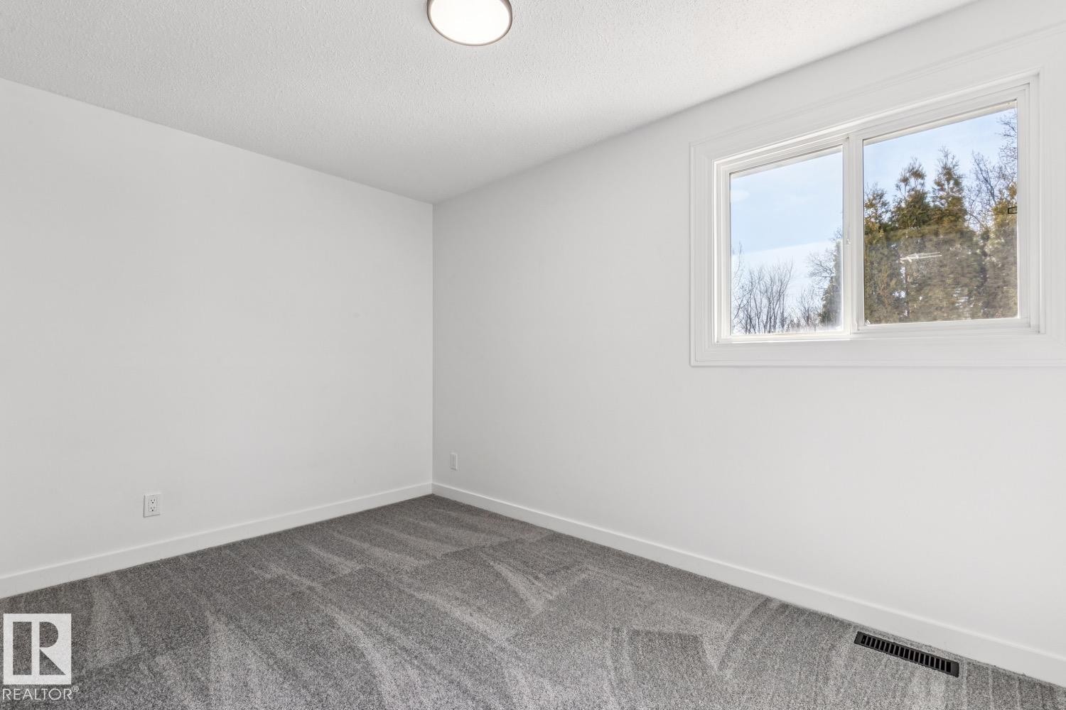 This room features a window providing views of trees, a ceiling light fixture, and grey patterned carpeting - 95 Ridgewood Terrace, St. Albert, AB - Indoor Photo Showing Other Room