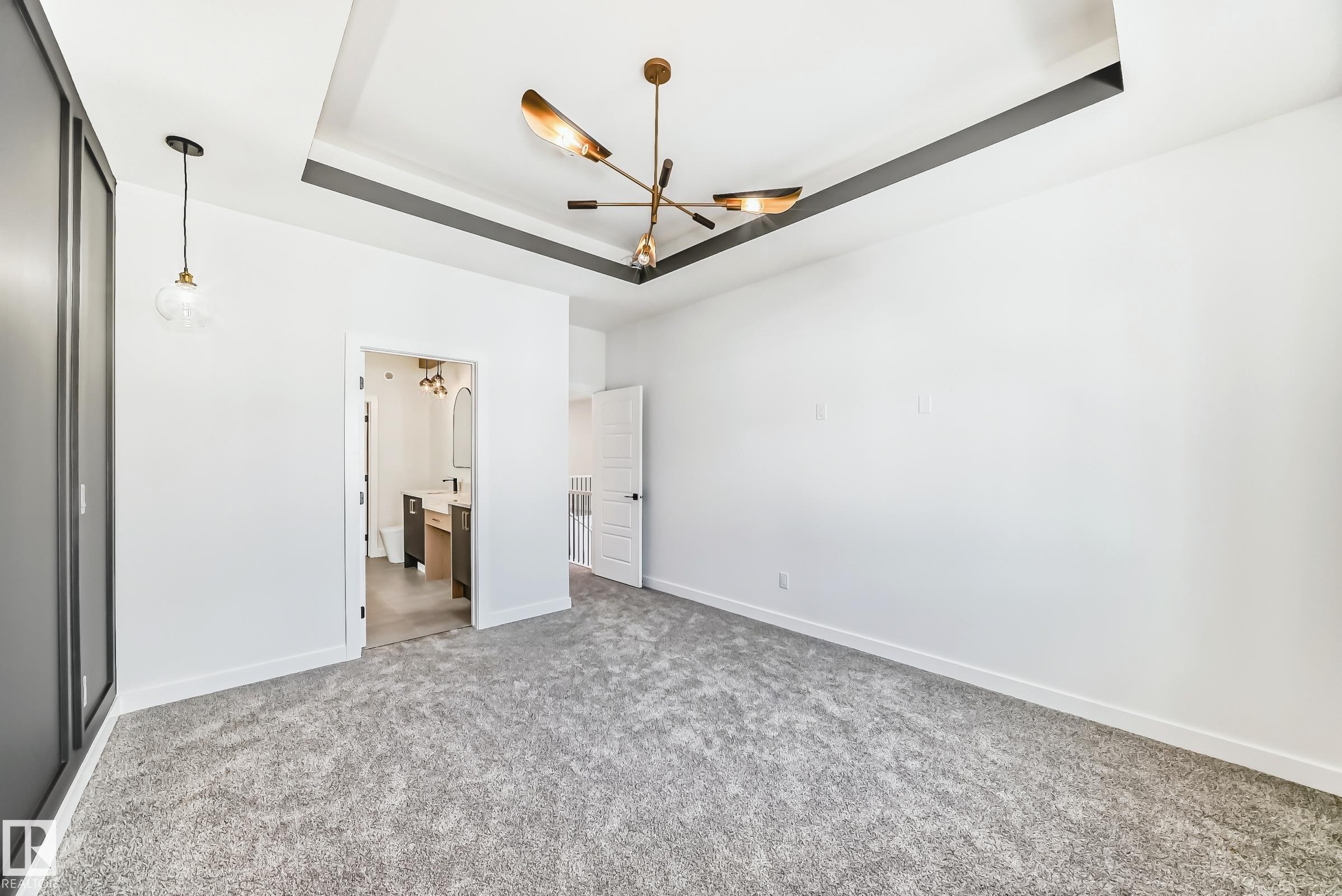 This room features gray carpeting, white walls, and a tray ceiling with a modern light fixture - 341 Roberts Wynd, Leduc, AB - Indoor Photo Showing Other Room