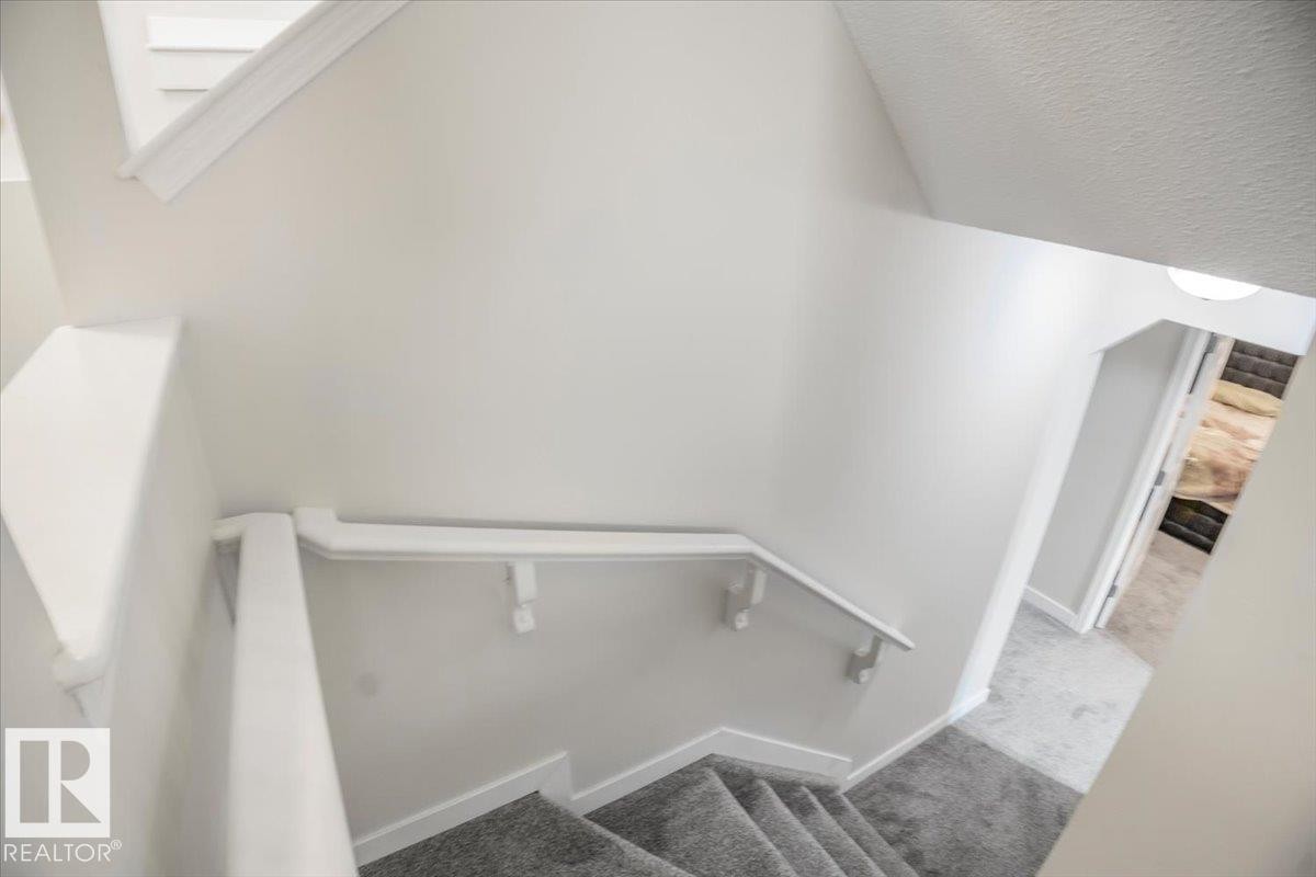 Staircase featuring carpeted steps and white handrails - 3119 32 Avenue, Edmonton, AB - Indoor