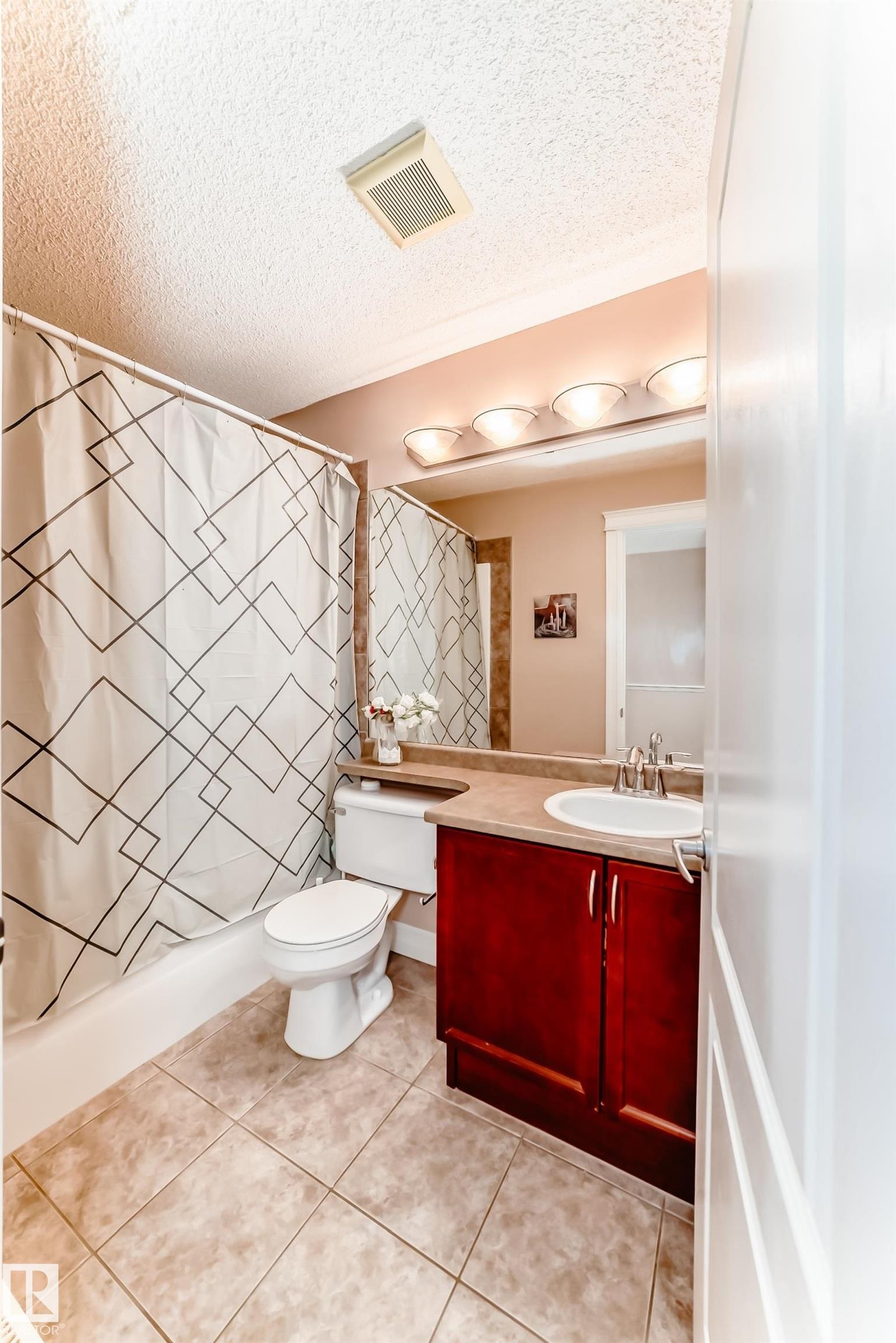The bathroom features a vanity with a dark wood cabinet, a white sink, and a light-colored countertop, along with a toilet and a bathtub with a shower curtain - 11415 167A Avenue Nw, Edmonton, AB - Indoor Photo Showing Bathroom