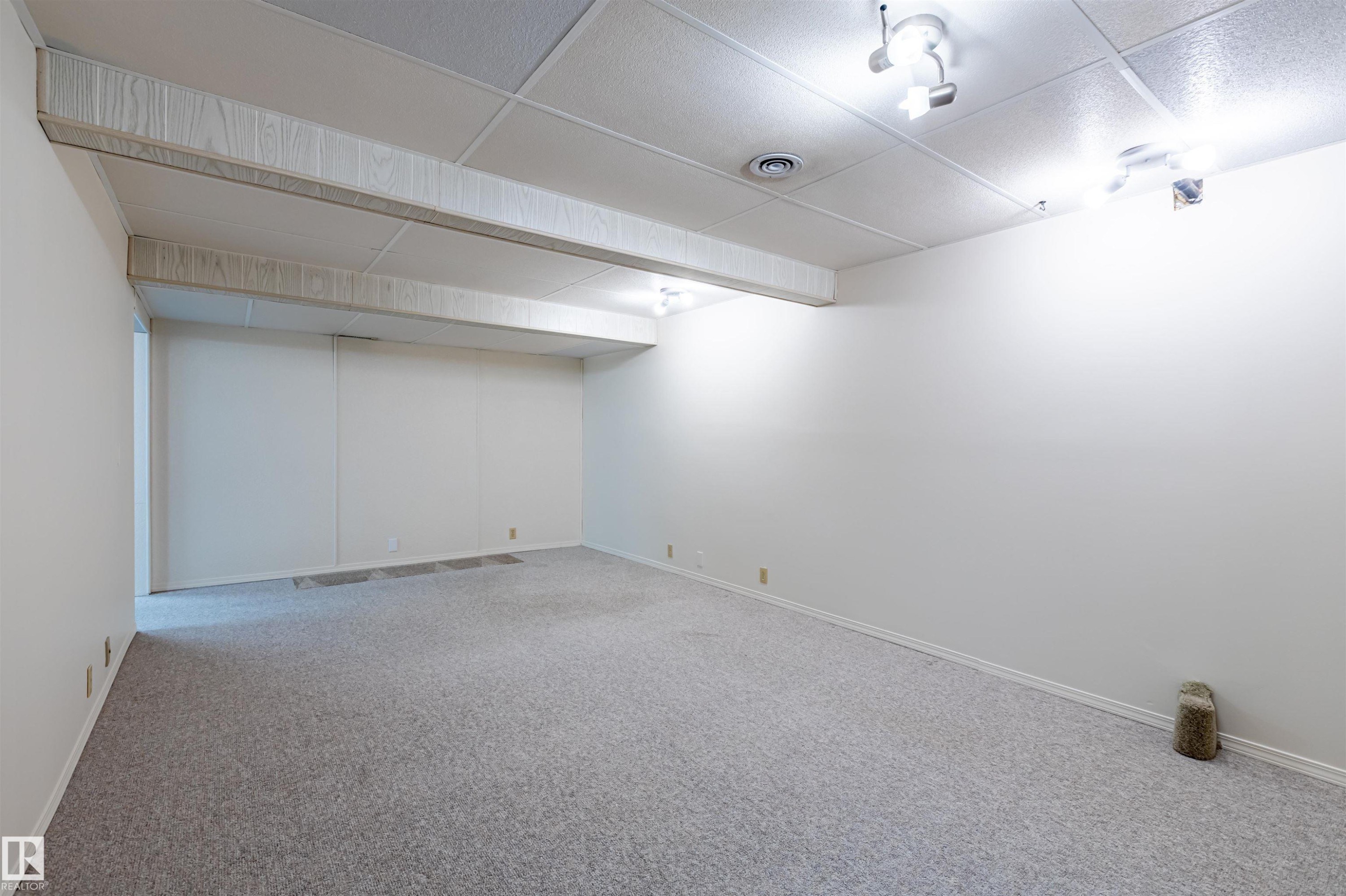 Spacious room with light gray carpeting, white walls, and a drop ceiling with track lighting - 108 Forest Grove, St. Albert, AB - Indoor