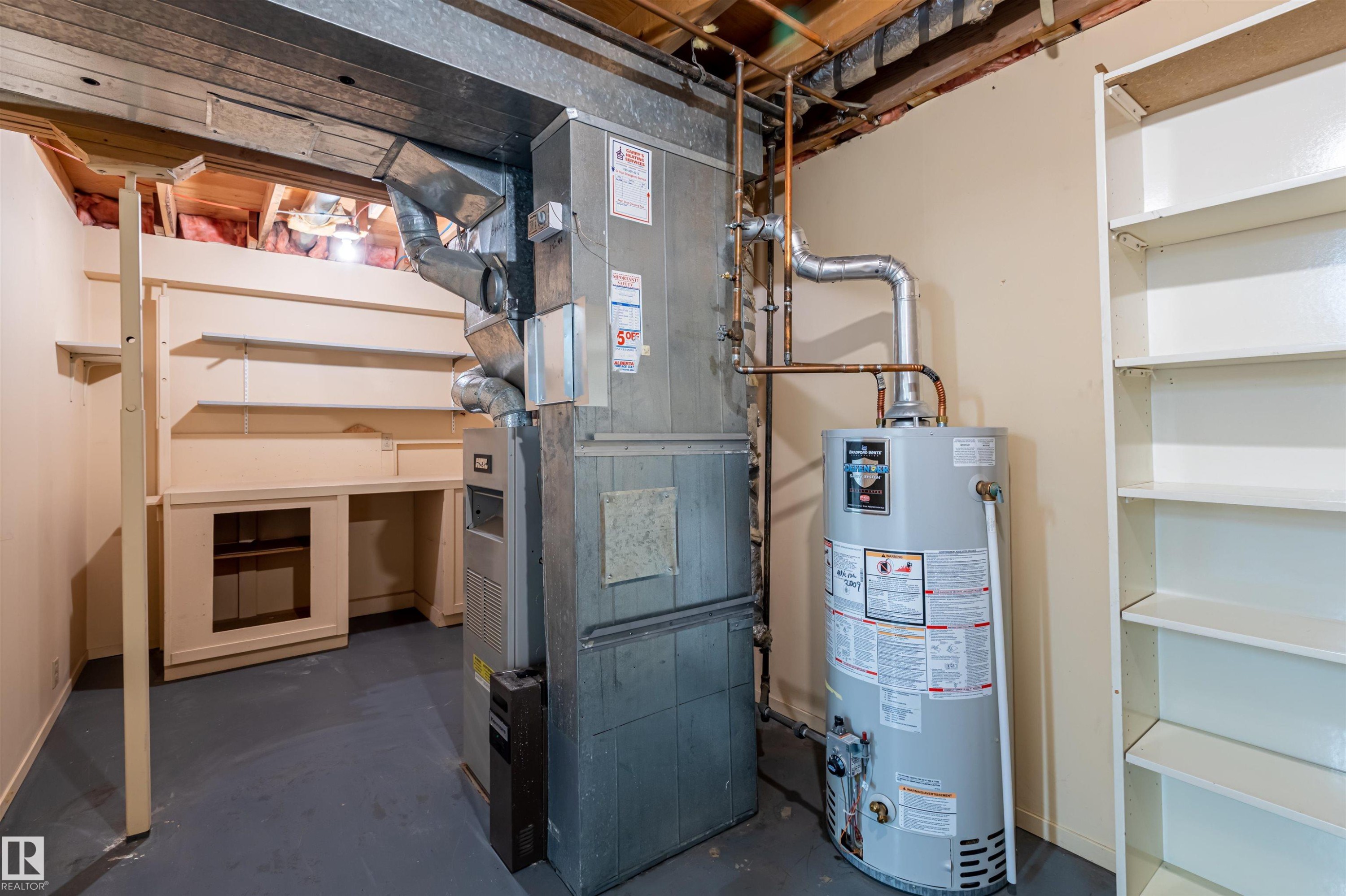 Utility room featuring a water heater, furnace, and built-in shelving - 108 Forest Grove, St. Albert, AB - Indoor Photo Showing Basement