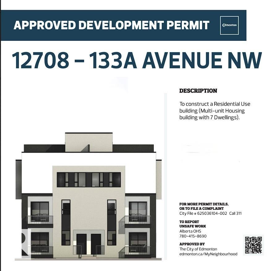 Approved Development Permit. Displaying the property address and a description for the construction of a multi-unit housing building with seven dwellings - 12708 133A Avenue, Edmonton, AB - Other