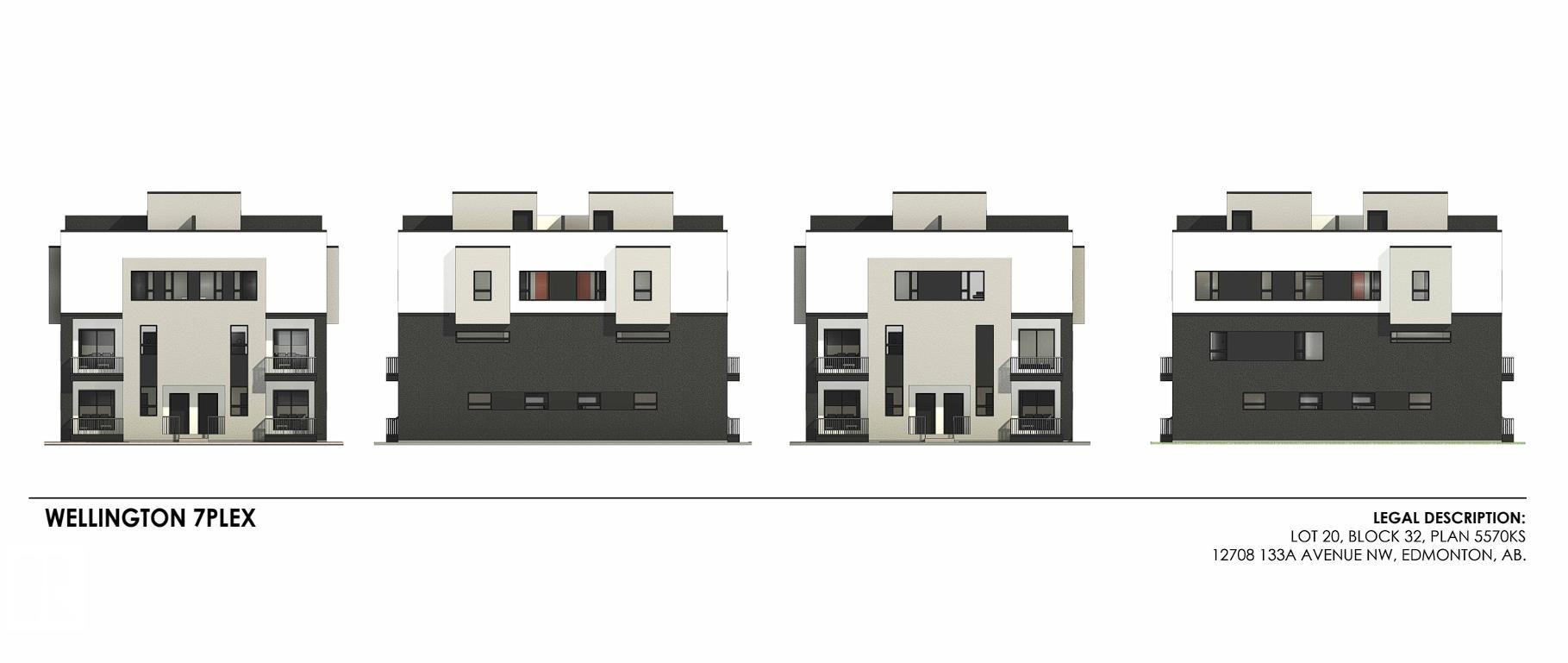 Architectural Renderings. Displaying multiple elevations and the legal description for the property - 12708 133A Avenue, Edmonton, AB - Other